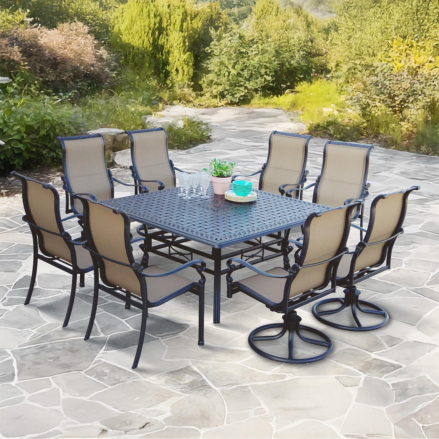 Monterey 9 Pc Cast Aluminum Dining Set w/ Swivel Rockers in Irish
