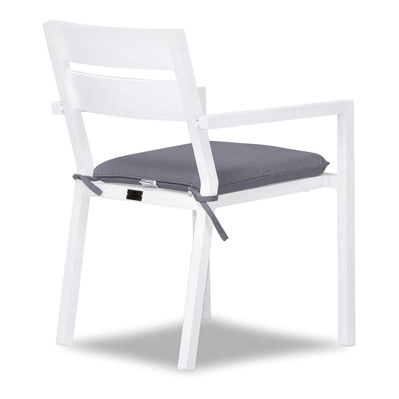 Calm Bay Aluminum Dining Arm Chair in White/Canvas Charcoal by Lakeview Outdoor Designs - Angle - White Background thumbnail