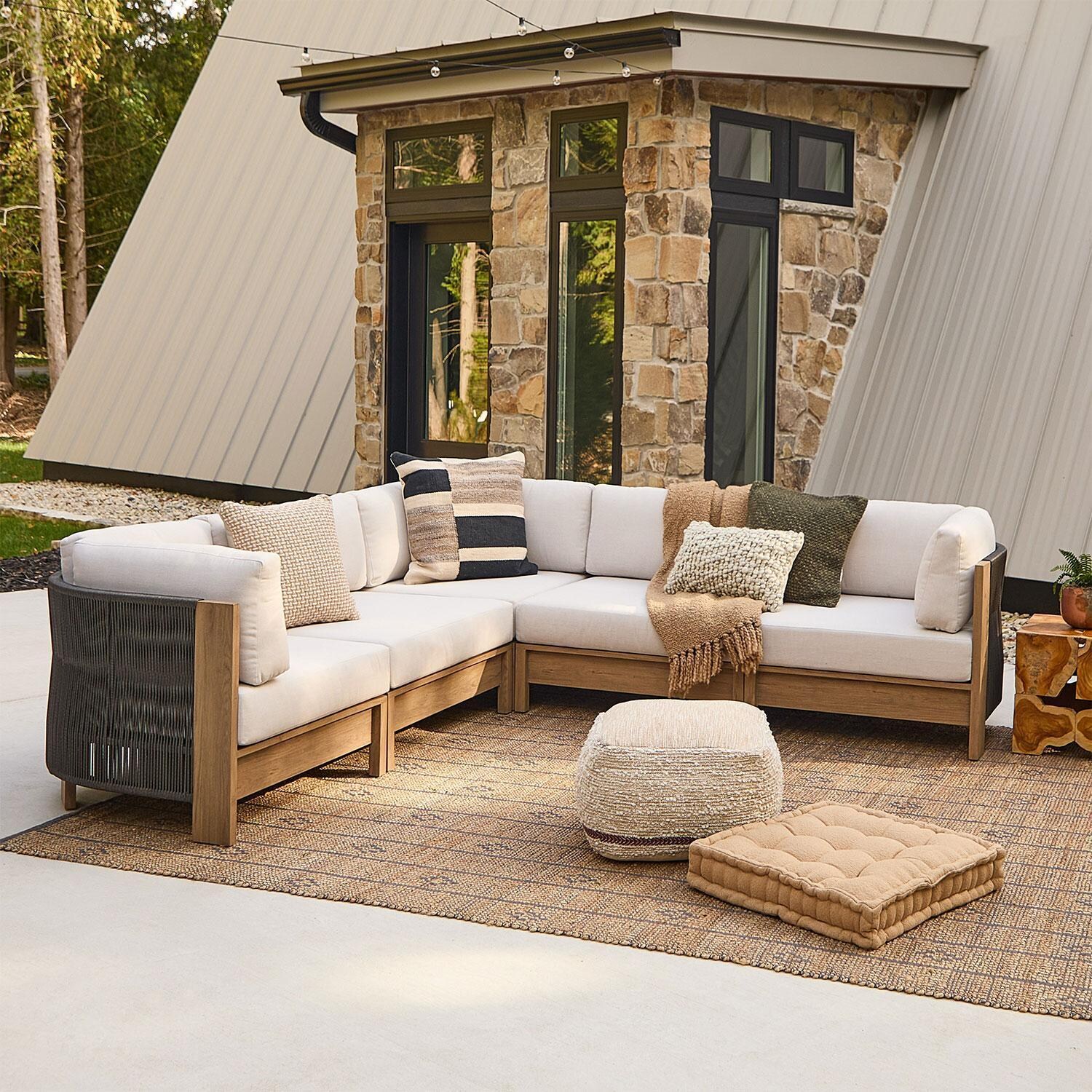 Heritage Outdoor 5 Pc Modular Sectional Sofa in Beechwood W/ Sunbrella Cushions by Lakeview Outdoor Designs - Back Patio - Side View - Lifestyle thumbnail