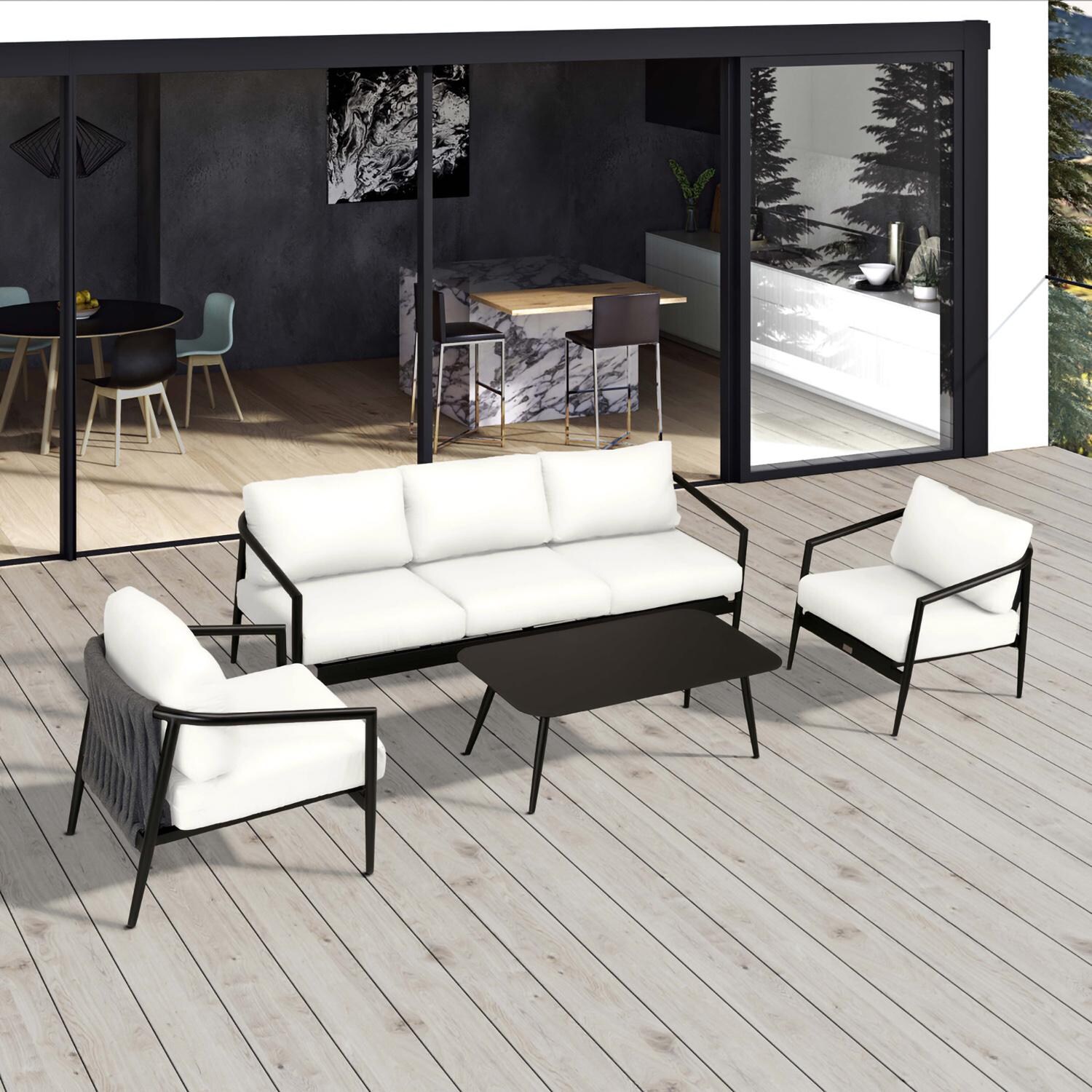 Lakeview Midnight Cove 4 Pc Aluminum Sofa Seating Set in Black/Carbon/Canvas Natural - Top - Lifestyle thumbnail