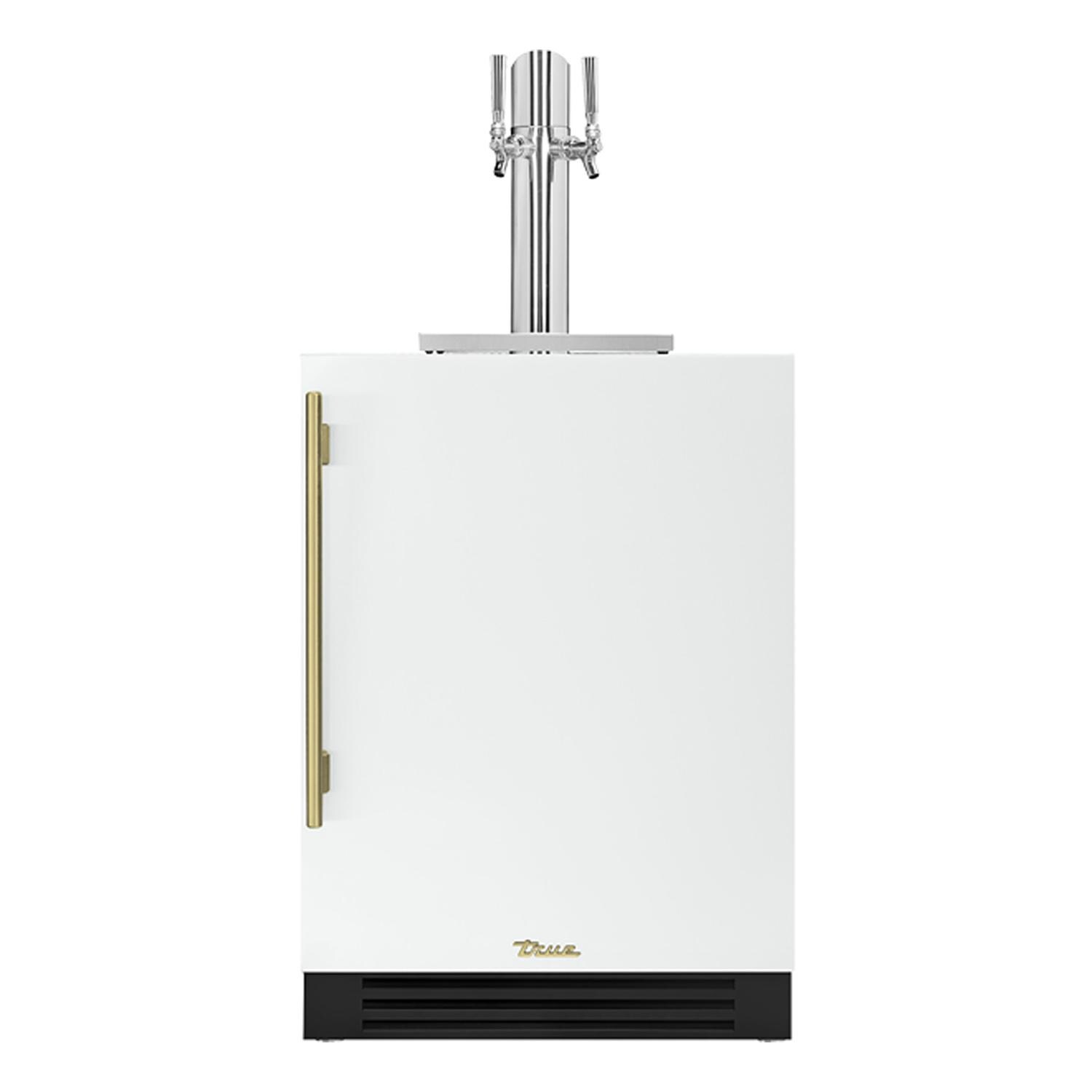 True TUR-24DD-R-OP-C~DSK-030-H01 24 Inch Right Hinge Outdoor Dual Tap Beverage Dispenser - Matte White w/ Brass Handle - White Background thumbnail
