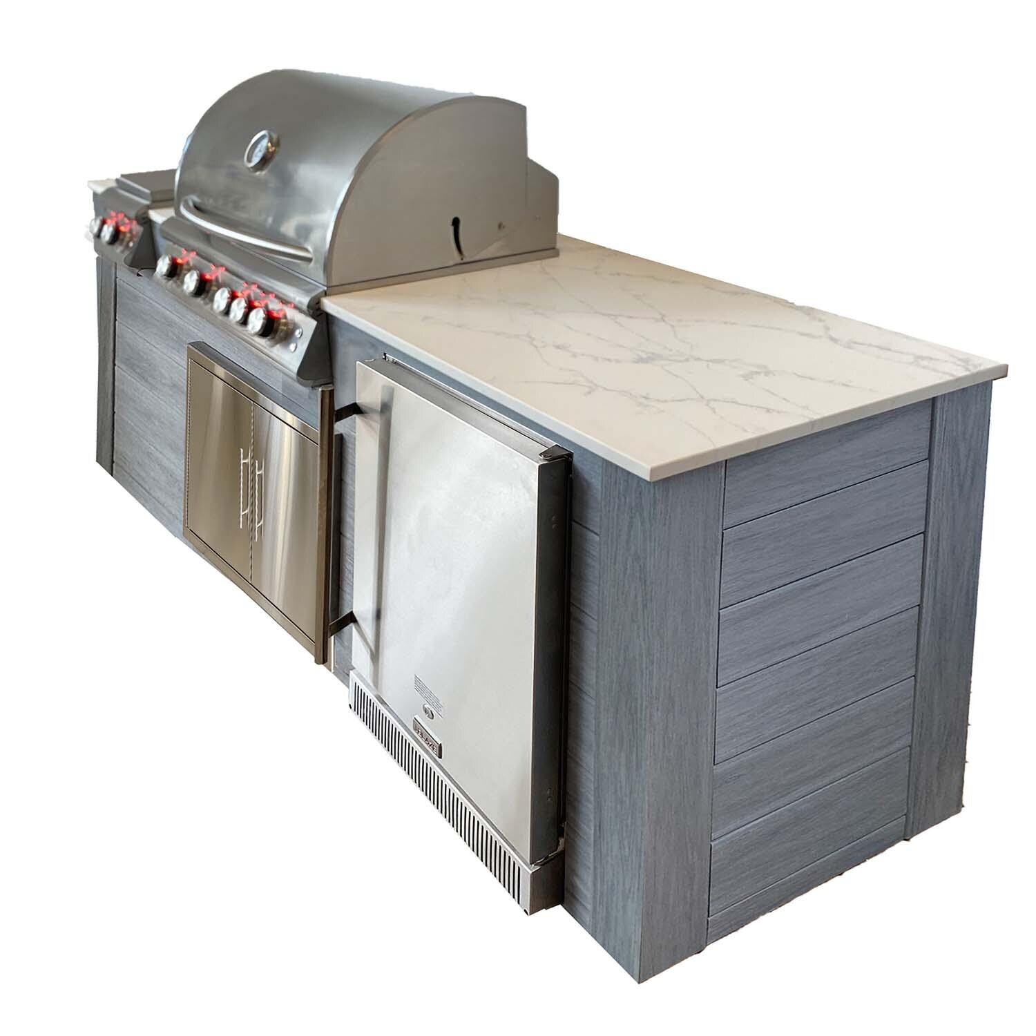 Pro-Fit 8-Foot Outdoor Kitchen Island W/ BLZ-4LTE2-LP Blaze Premium LTE 32-Inch Propane Gas Grill, Double Side Burner & Refrigerator - Driftwood Grey / Bianco Giulia A Satin - Right - White Background thumbnail