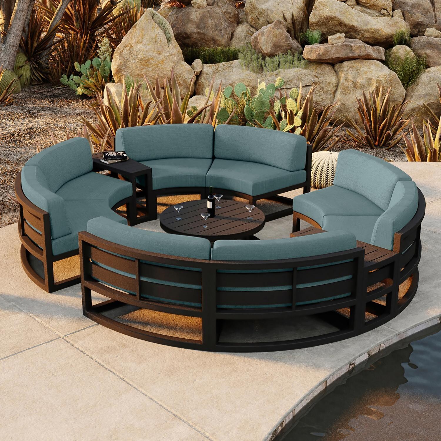 Lakeview MSTYCV-BK-7CSEC-CL Misty Cove 7 Pc Aluminum Curve Sectional Set in Black w/Coffee Table & Cast Lagoon Cushions by Lakeview Outdoor Designs - Set by the Pool - Lifestyle thumbnail