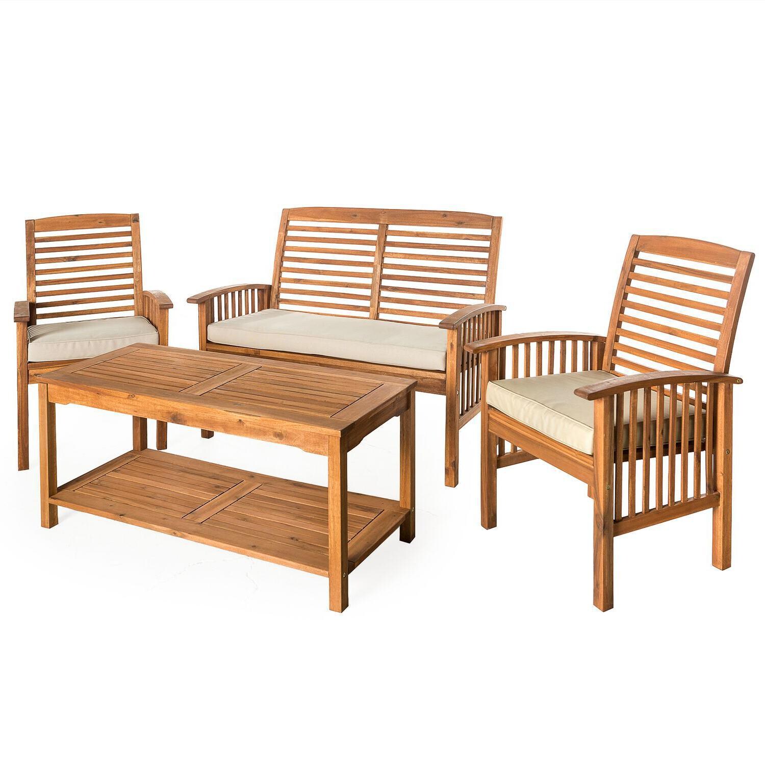 Ultimate Patio Horizon Way 4 Piece Brown Acacia Patio Conversation Set W/ Natural Cushions - Angled View thumbnail