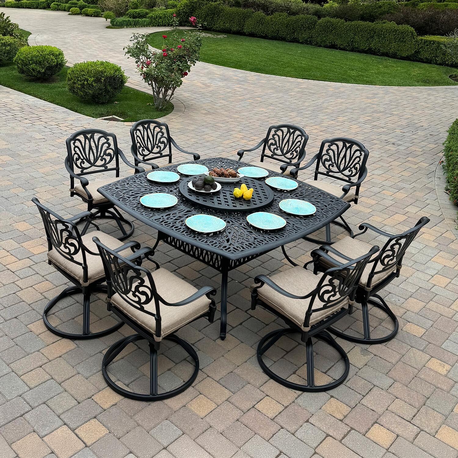Elisabeth 10 Pc Cast Aluminum Dining Set w/ 64 Inch Table & Swivel Rockers in Antique Bronze/Beige by Darlee