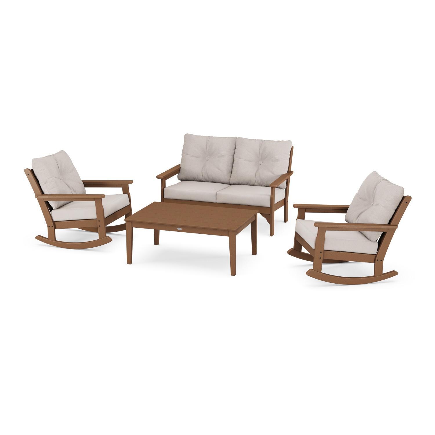 Vineyard 4 Pc Recycled Plastic Seating Set w/ Rocking Chairs in Teak/Dune Burlap by POLYWOOD