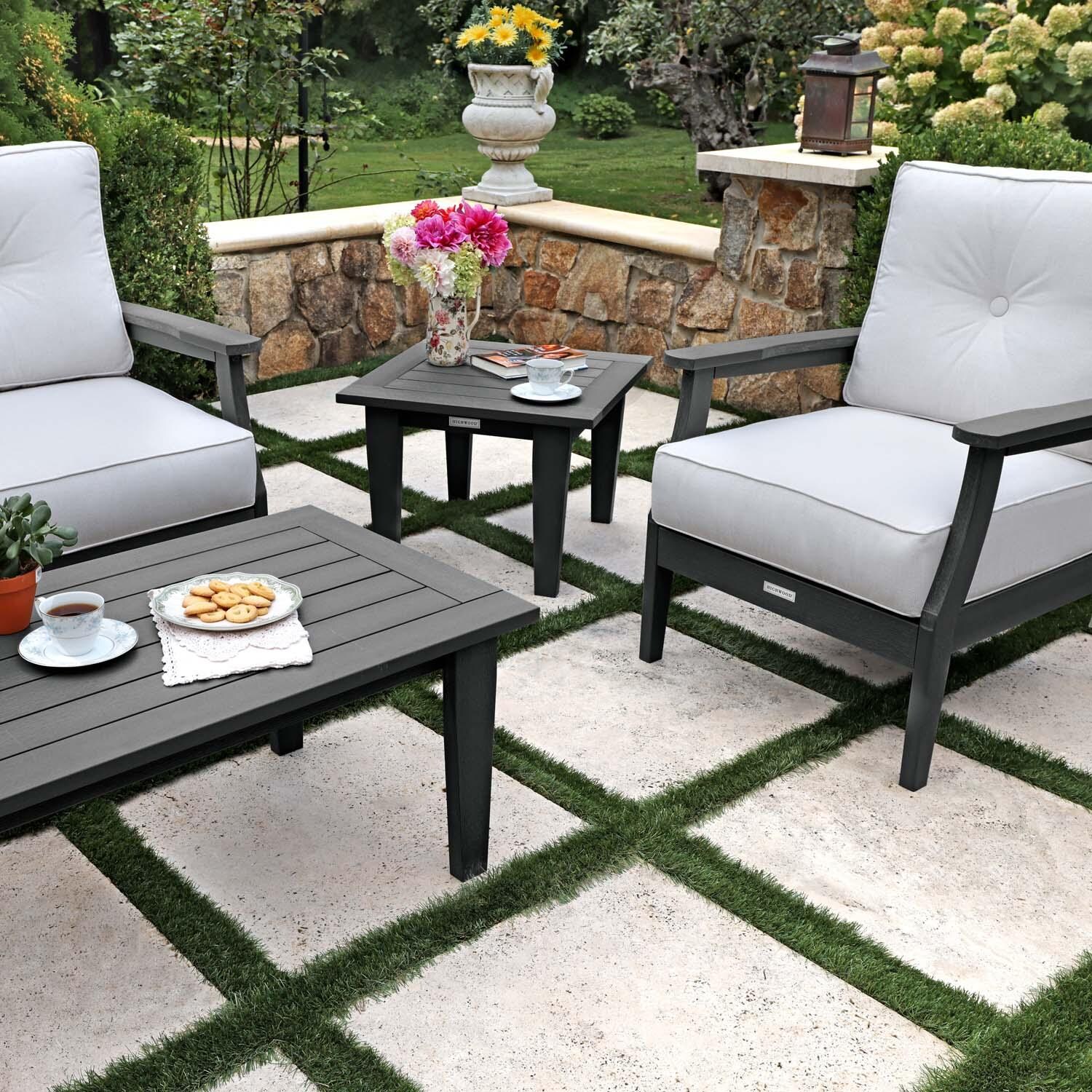 Blushing Bay 4 Pc Recycled Plastic Seating Set in Bliss Linen/Black by Lakeview Outdoor Designs - Close Up End Table - Lifestyle thumbnail