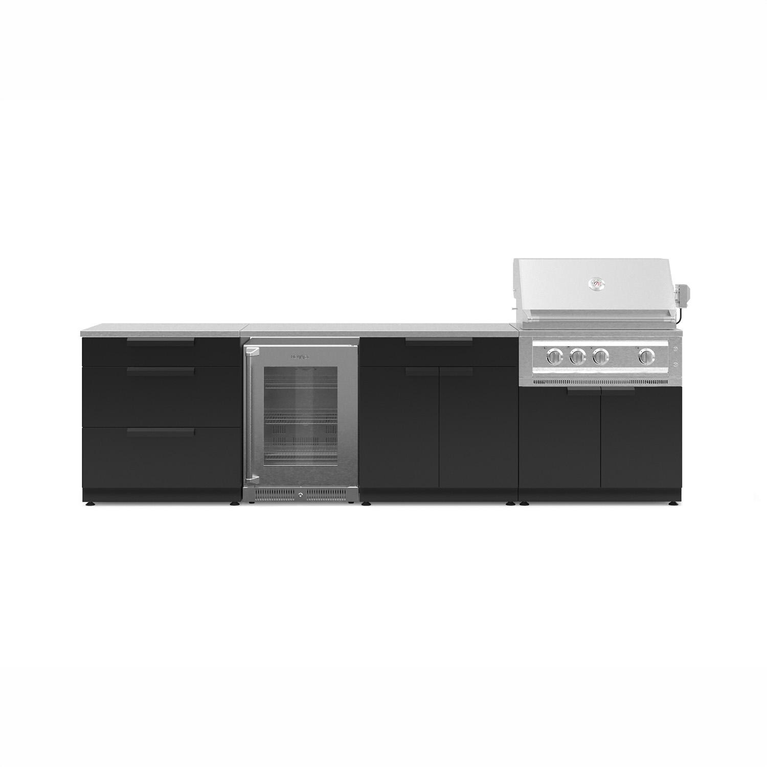 NewAge Products 71377 Classic Series 10 Ft Outdoor Kitchen Island w/ 33-in Natural Gas Grill, Glass Door Refrigerator, Trash Bin, Door & Drawer in Matte Black/Stainless Steel - Island - White Background thumbnail