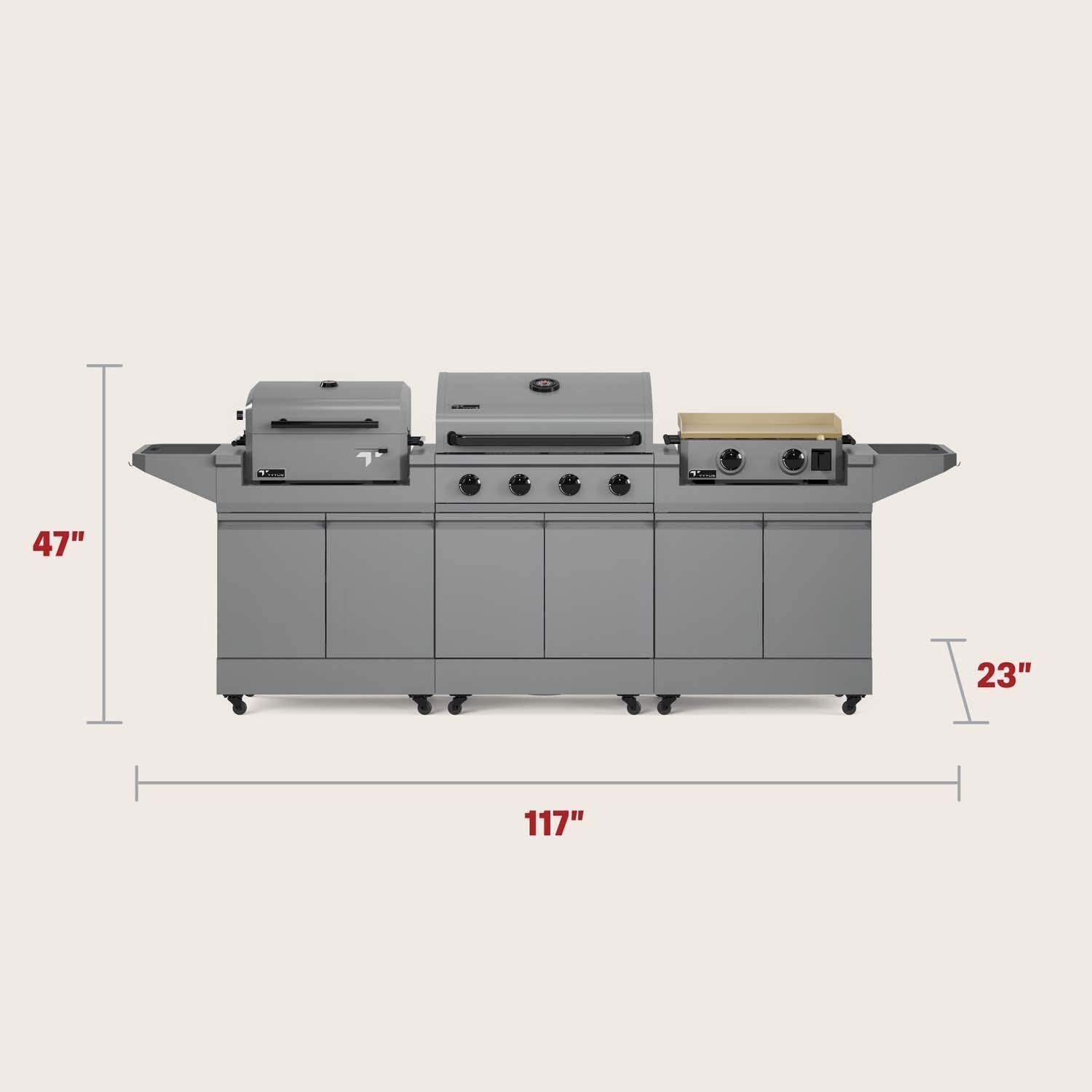 TYTUS TDT-BUN-010 Modular Trio w/ 32 Inch Propane Gas Grill, Charcoal Grill & Propane Gas Griddle - Dimensional thumbnail