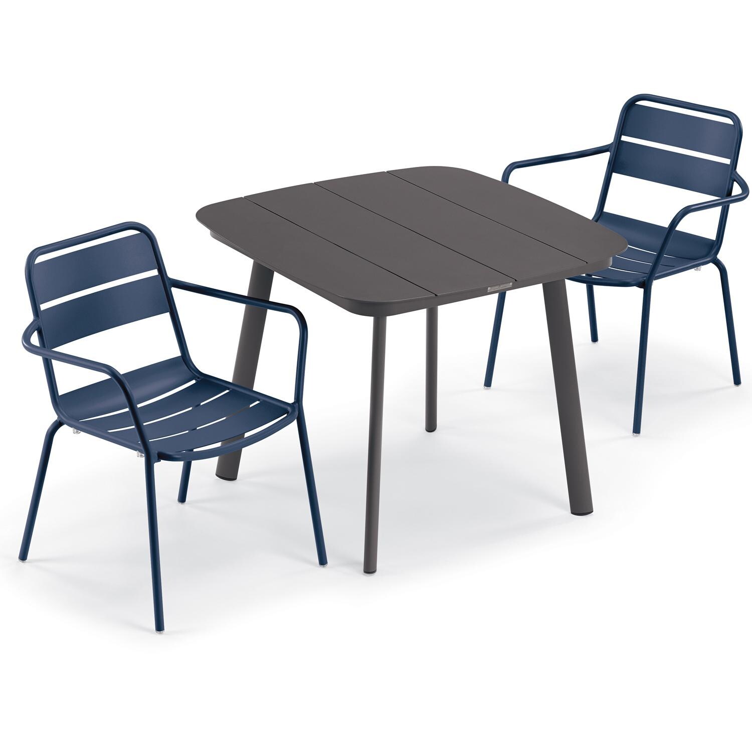 Oxford Garden Kapri 3 Pc Aluminum Dining Set W/ Arm Chairs in Carbon/Prussian - Top View thumbnail