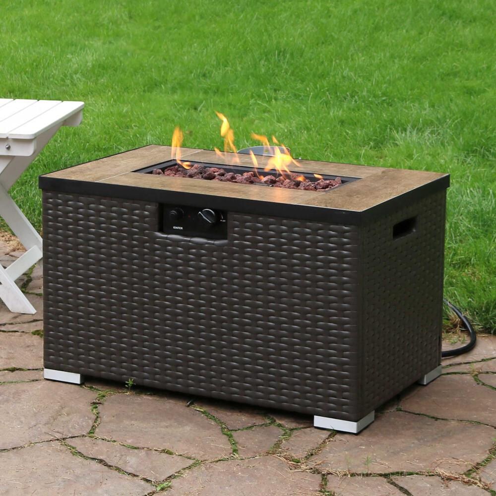 Ultimate Patio 32-Inch Rectangular Tile Top Resin Wicker Propane Gas Fire Pit Table image