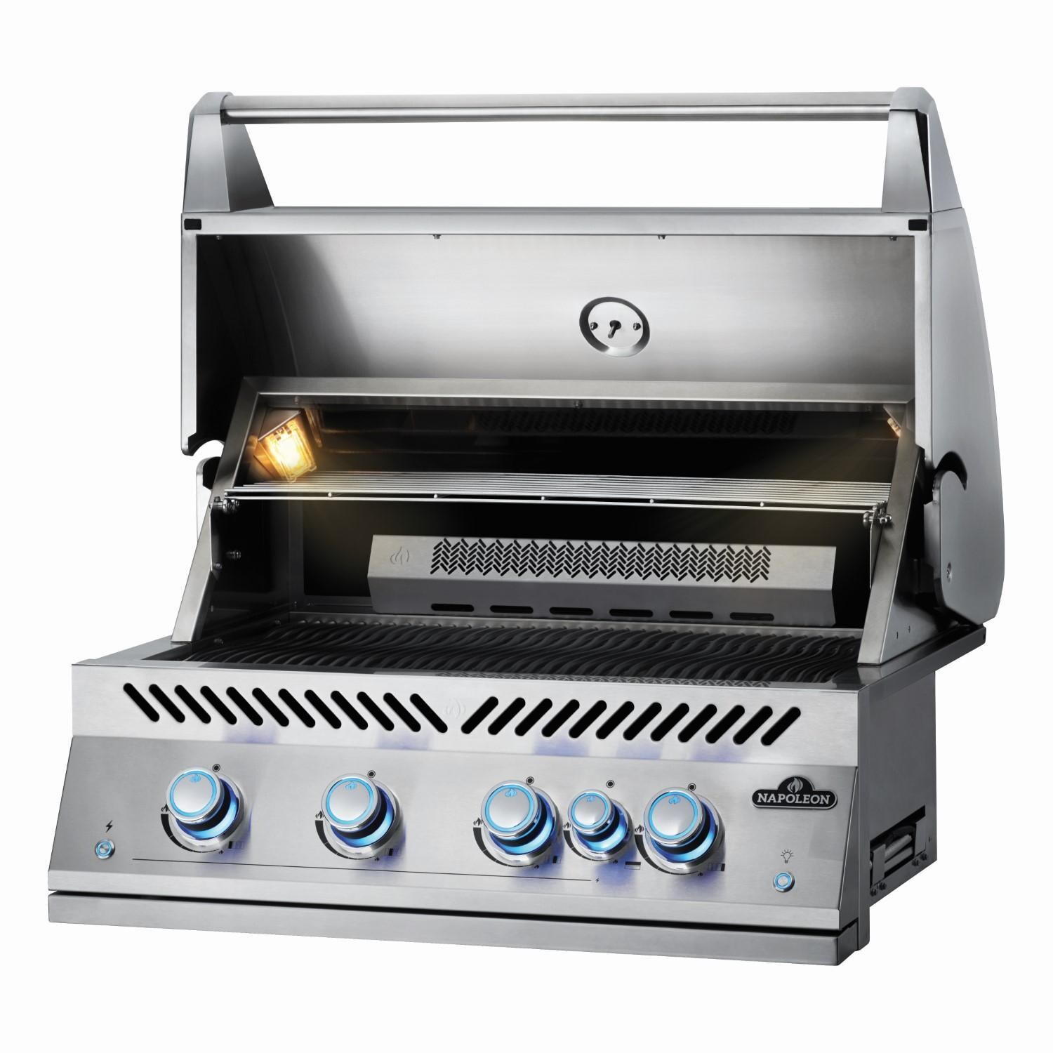 Napoleon BIG32RBNSS-1 Natural Gas Grill - Angled Lid Open With Warming Rack - White Background thumbnail