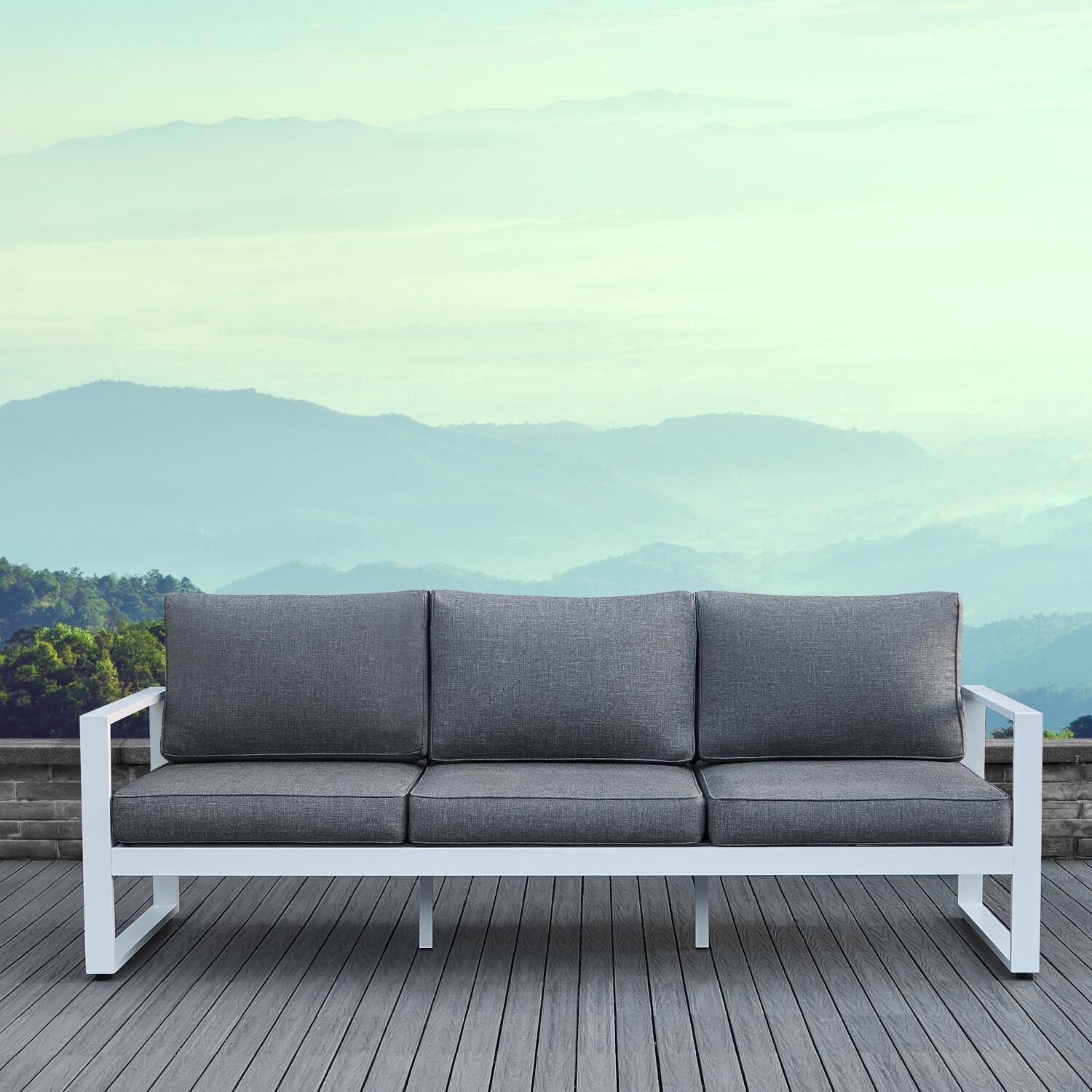 Villa Flora 3 Person Aluminum Sofa in White w/ Gray Cushions by Lakeview Outdoor Designs