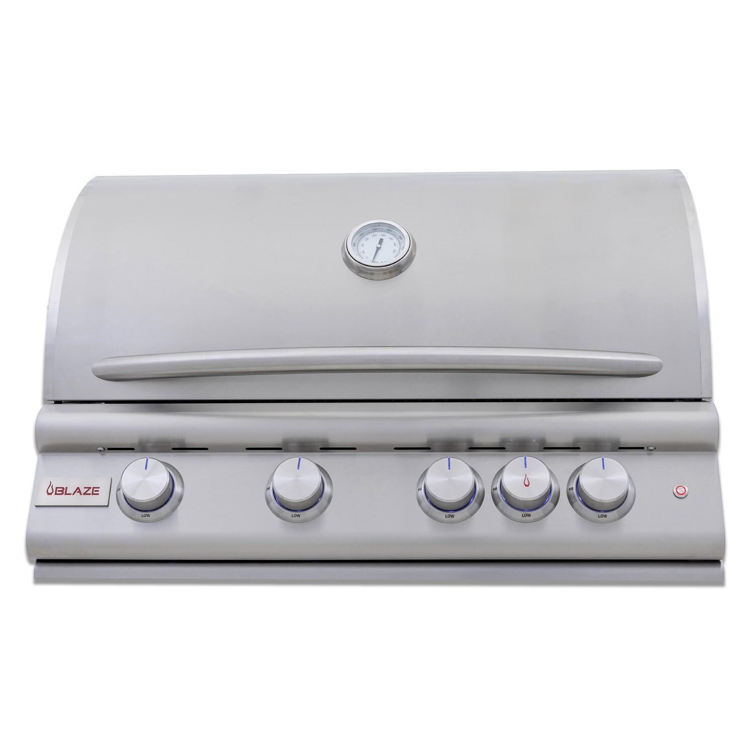 Blaze BLZ-4LTE3-NG Premium LTE+ 32-Inch 4-Burner Built-In Natural Gas Grill With Rear Infrared Burner & Lift-Assist Hood - Front View - Closed - White Background