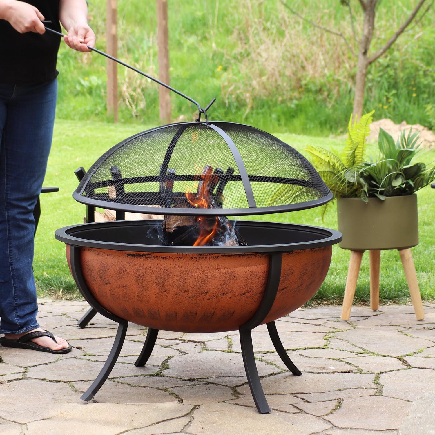 Ultimate Patio NB-550 32 Inch Round Steel Wood-Burning Fire Pit in Copper - Flame Detail Close-Up - Lifestyle thumbnail