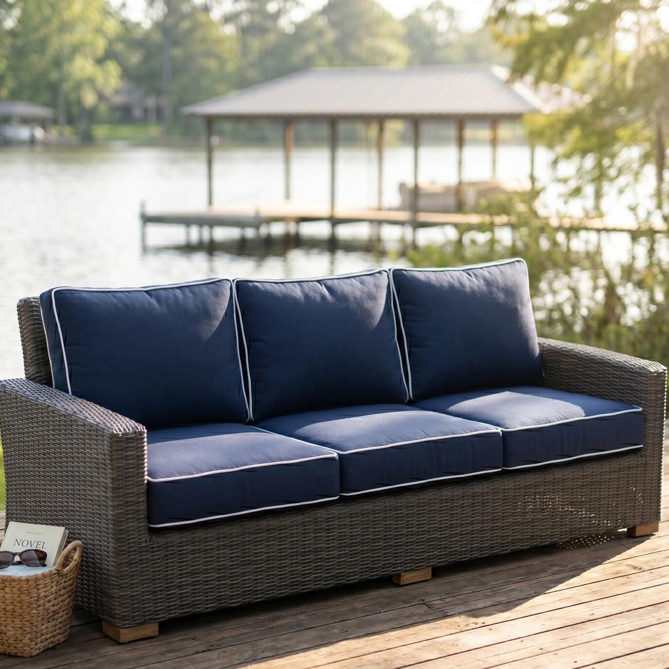 Royal Teak Collection SBS3N Sanibel 3 Person Wicker Sofa w/ Sunbrella Cushions in Canvas Navy - On Patio - Lifestyle thumbnail