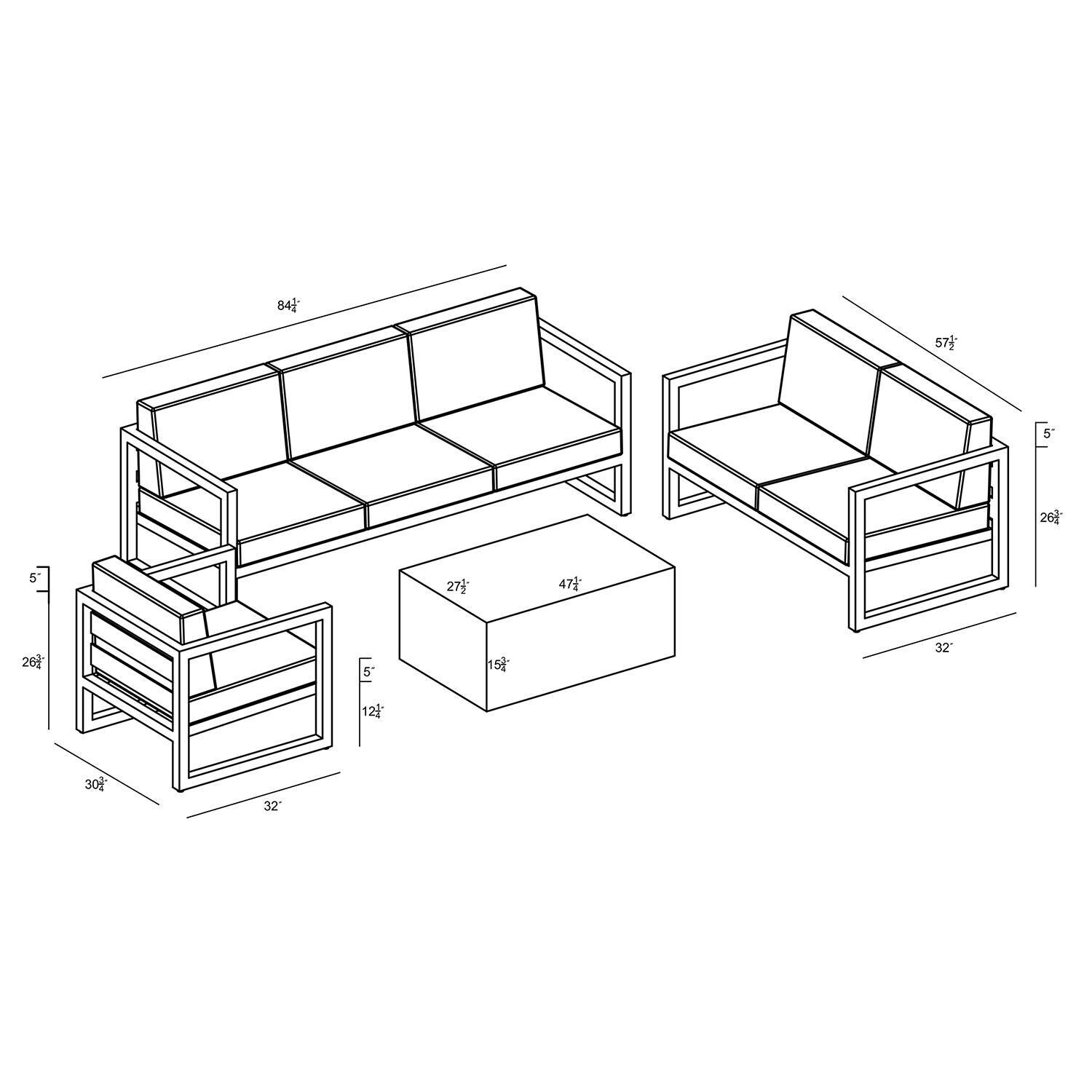 Misty Cove 4 Piece Seating Set in Slate w/Coffee Table & Cast Lagoon Cushions by Lakeview - Dimensional thumbnail
