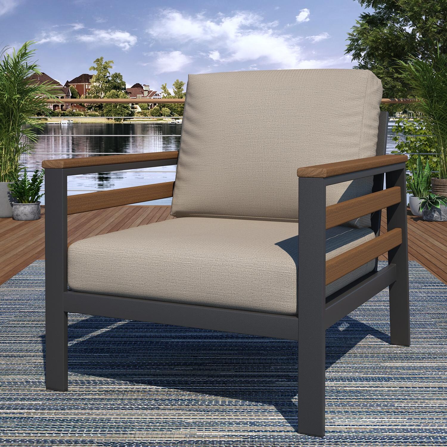Lakeview NC6400TANGSLAT-9PC-SM Oasis Bay 9 Pc Aluminum Seating Set w/ Slat Side Panels in Brown/Spectrum Mushroom - Chair - Lifestyle thumbnail