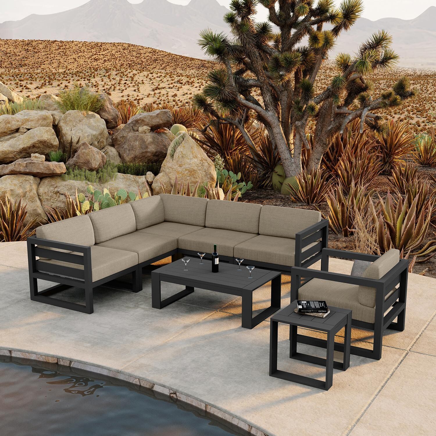 Misty Cove 8 Piece Sectional Set in Slate w/Coffee Table & Heather Beige Cushions by Lakeview - Lifestyle thumbnail