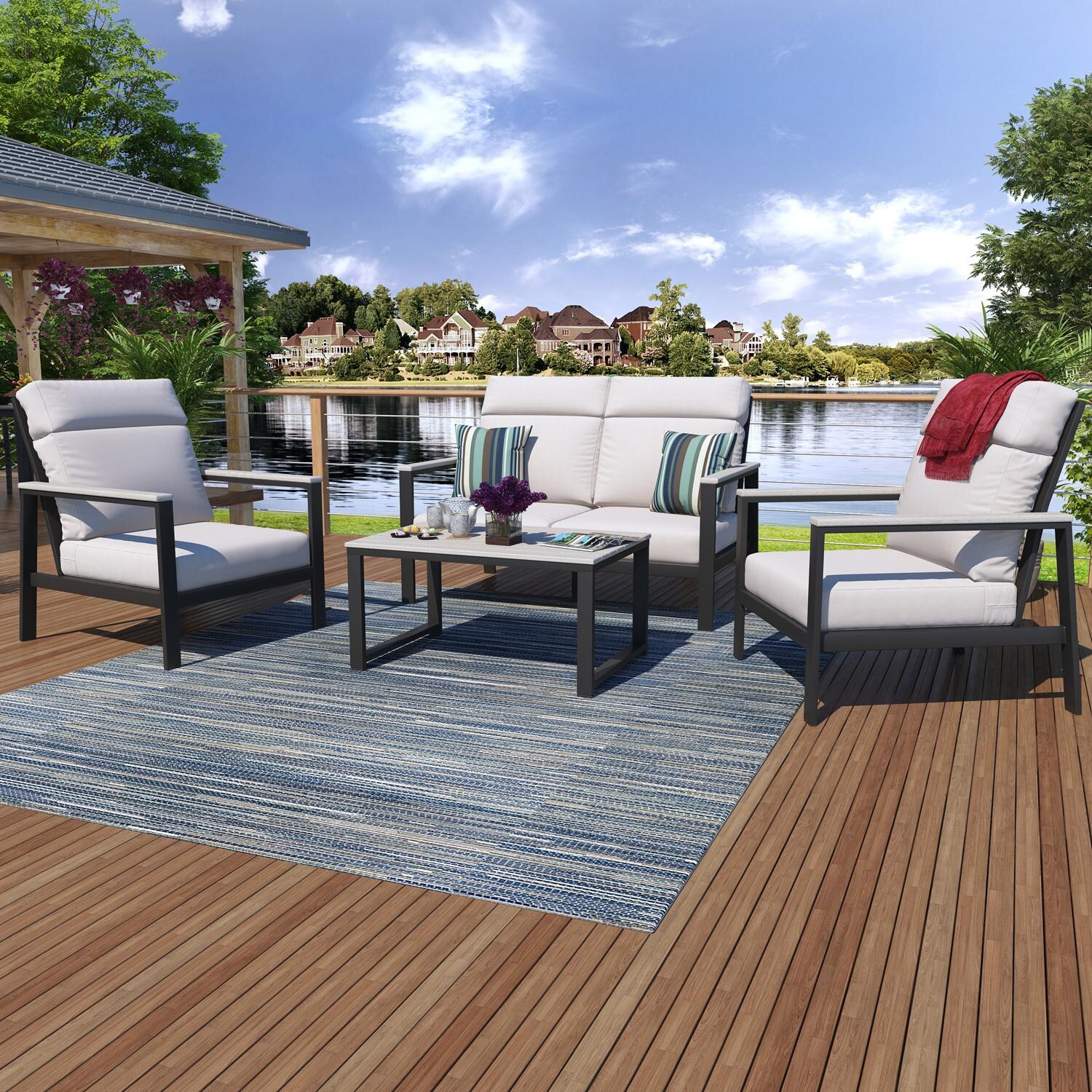 Oasis Bay 6 Pc Aluminum Seating Set in White/Canvas Natural by Lakeview Outdoor Designs