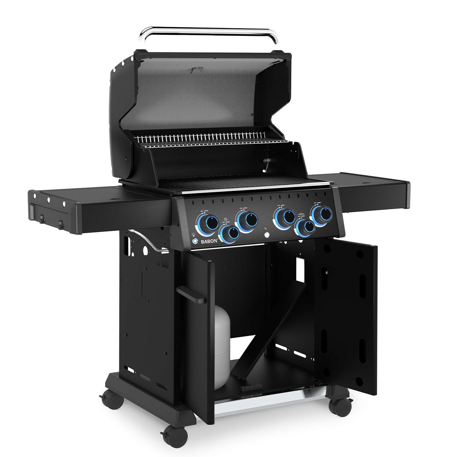 Broil King 674144 Baron 420 Pro Shadow 4 Burner Propane Grill - Lid Up - Angled Right - White Background thumbnail