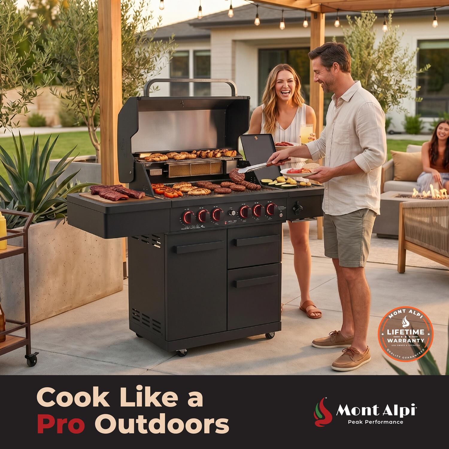Mont Alpi MA-988 Performance Black Series 4 Burner Propane Grill - Cooking on Patio - Lifestyle thumbnail