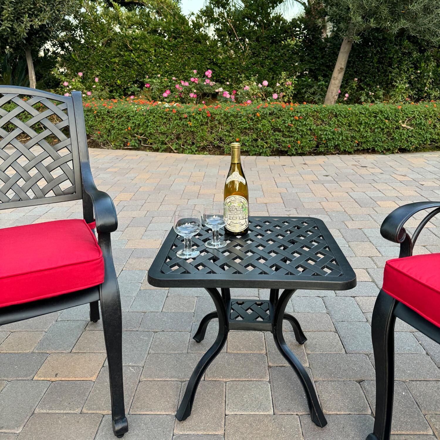 Darlee B/DL13-3PC-30A-R Nassau 3 Pc Cast Aluminum Conversation Set in Antique Bronze w/ Red Cushions - Set Up Close - Lifestyle thumbnail