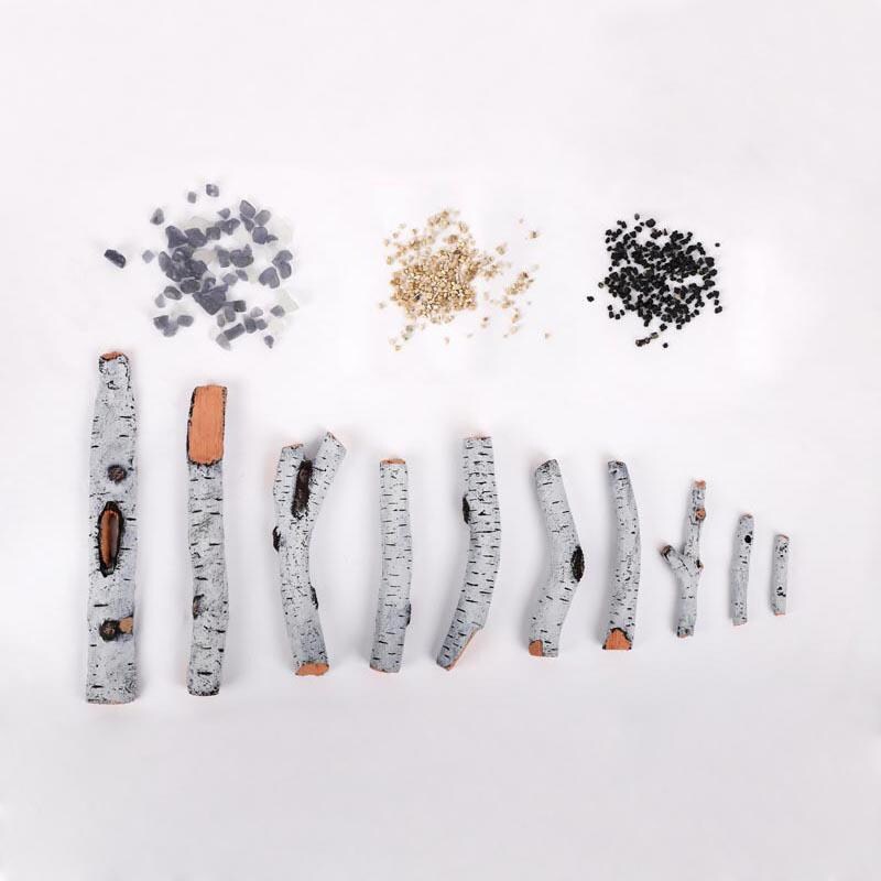 Included set of Birch Logs, Charcoal Grey Real Fire Glass, and Vermiculite thumbnail