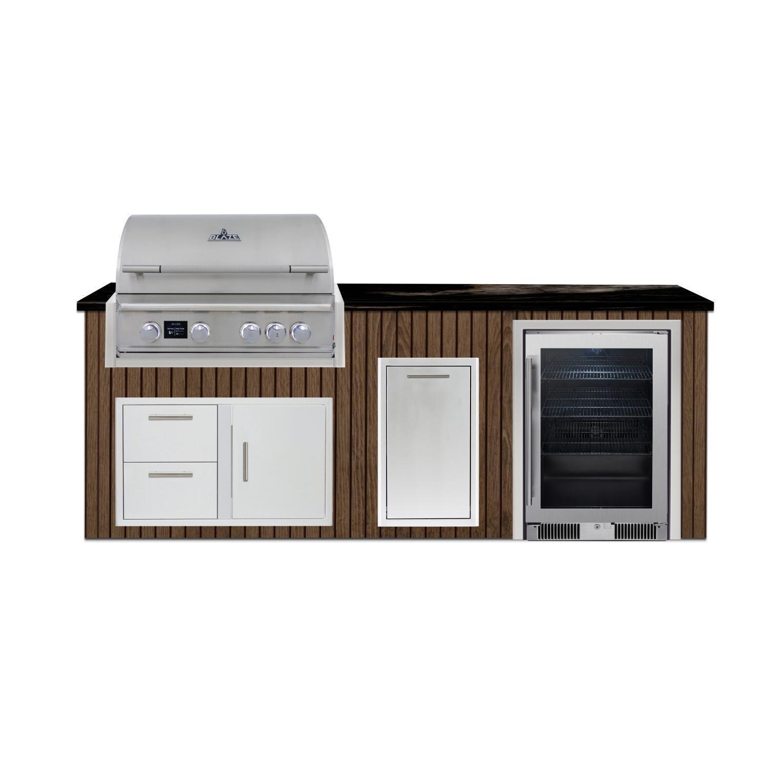 BBQGuys Signature 8 Ft Outdoor Kitchen Island w/ 32-in Blaze LTE PRO Propane Grill, 20-in Beverage Center & Narrow Tash Bin | Toffee w/ Nero Mist Granite