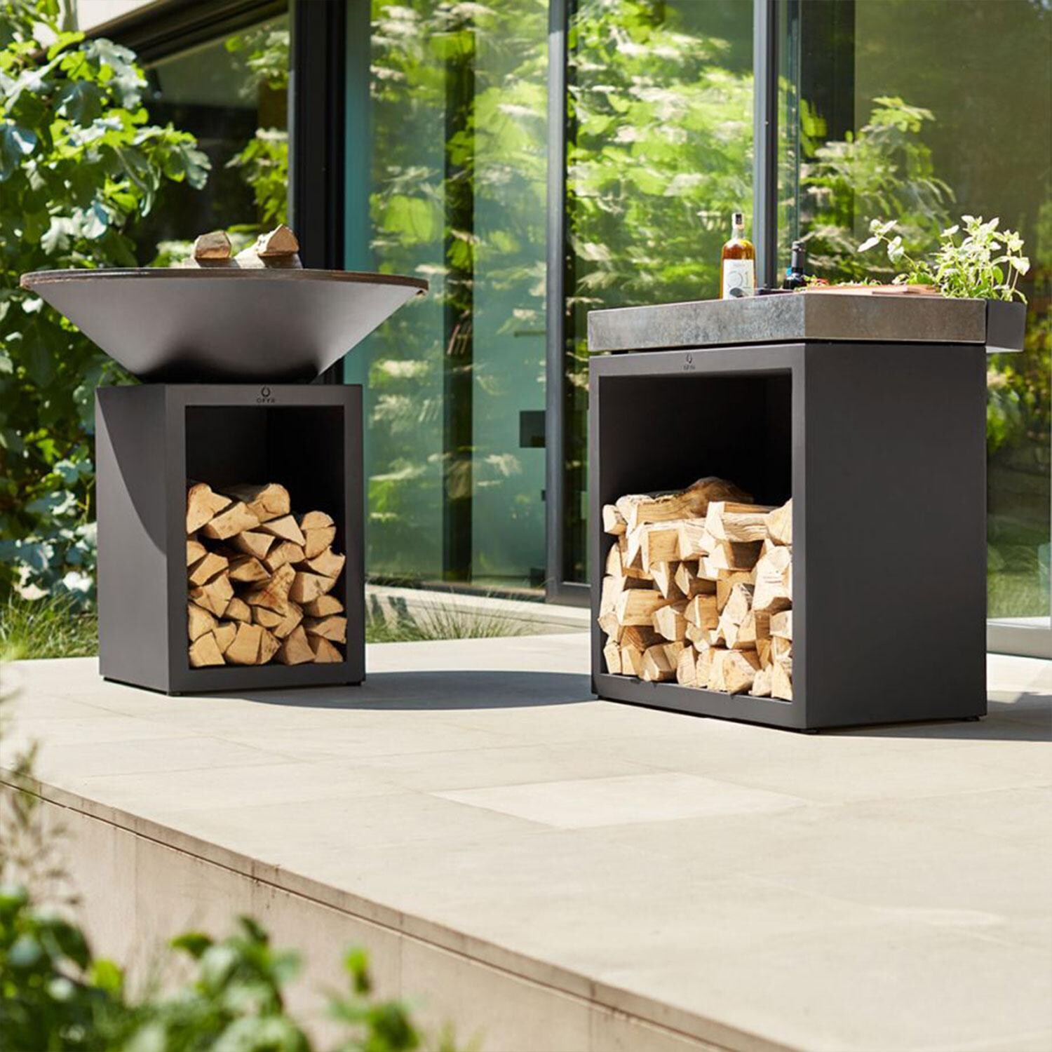 OFYR BBSB-90-CD Butcher Block Storage 90 Black Ceramic Dark Grey 41 Inch Food Prep Station - Back Patio - Styled w/ Flat Top Grill (Not Included) - Lifestyle thumbnail