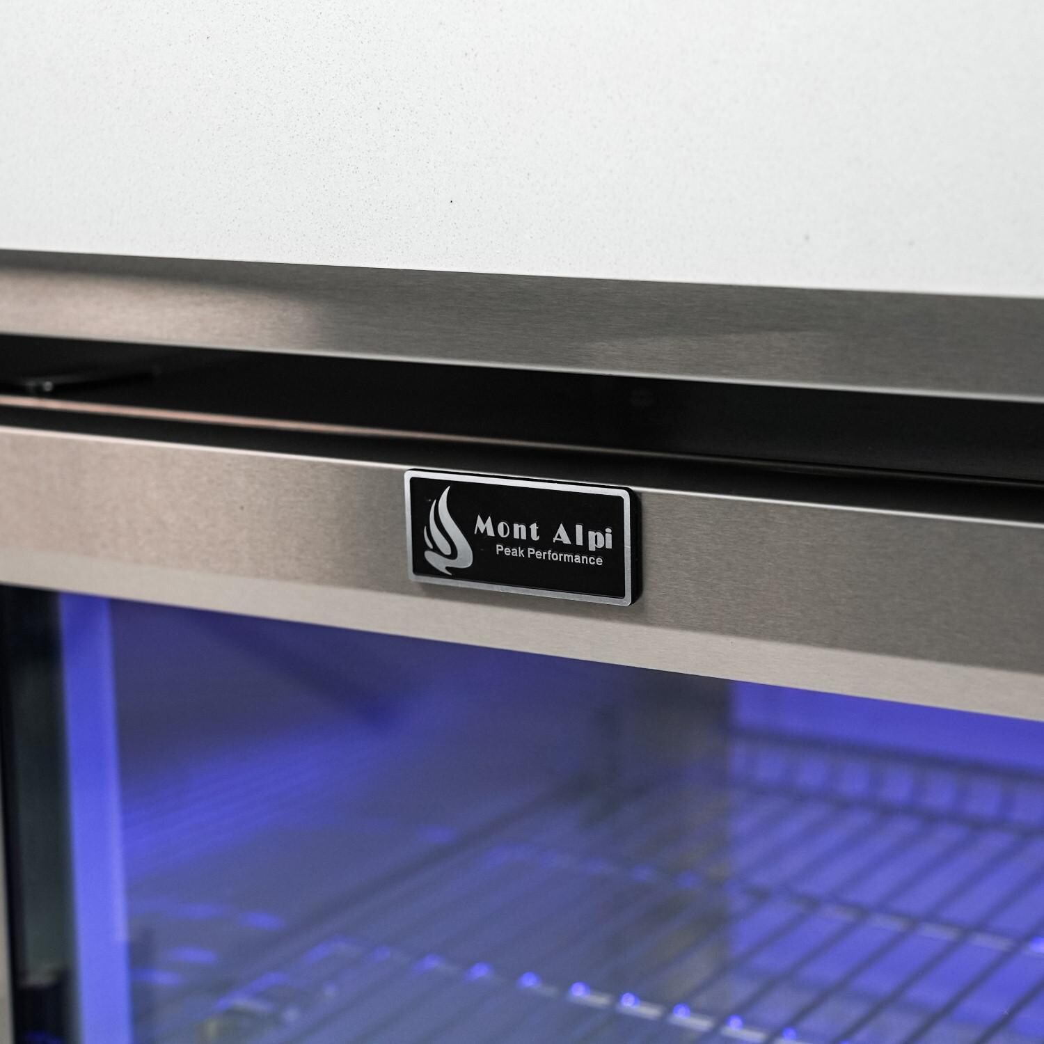 Mont Alpi - MAi805-BSS90FC - Deluxe 90 Degree Propane Gas Island Grill W/ Refrigerator Cabinet, Infrared Side Burner, & Rotisserie Kit - Black Stainless Steel - Logo - Detail