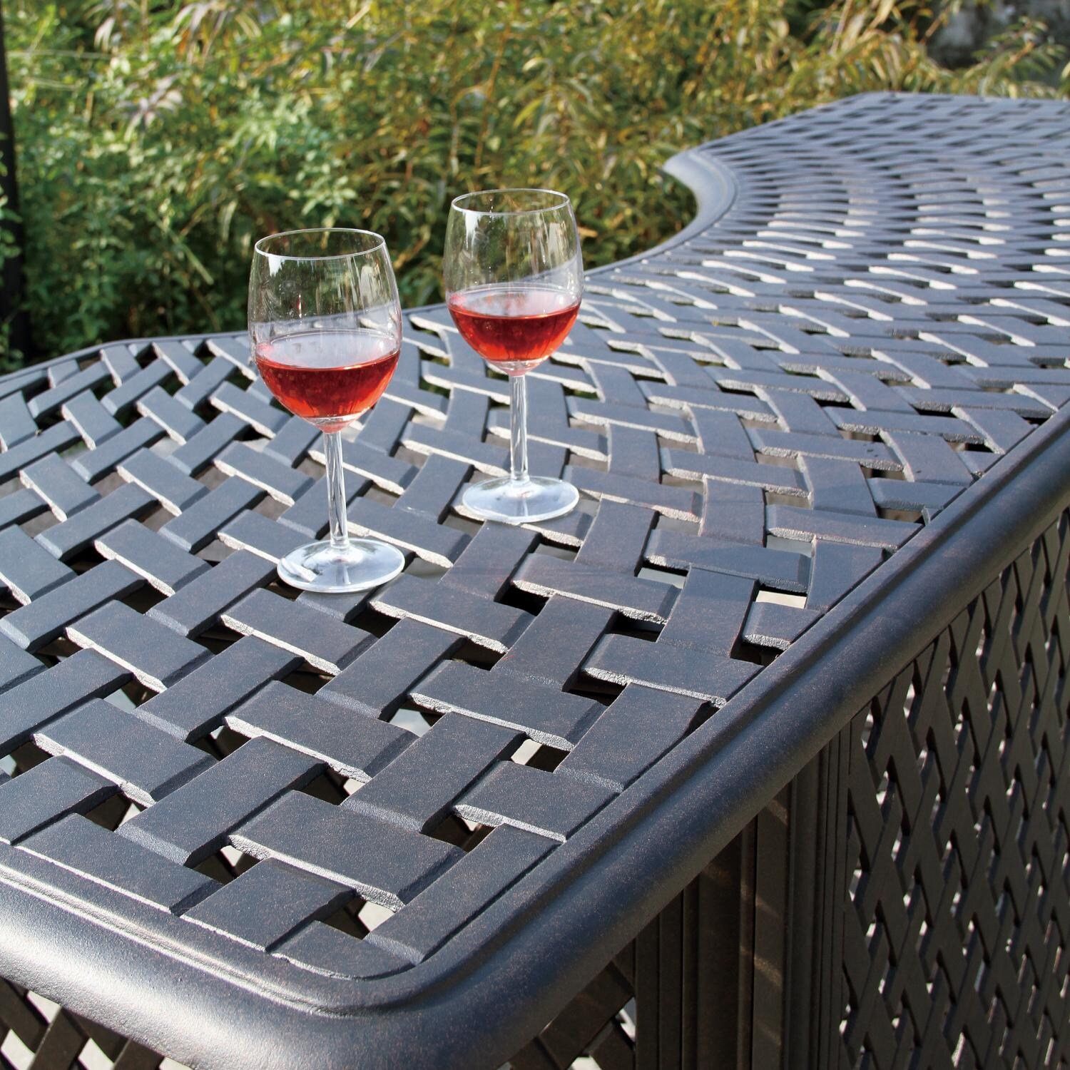 Darlee 1210-5PC-60K Classic 5 Piece Cast Aluminum Patio Party Bar Set W/ Backless Swivel Bar Stools & Sesame Cushions - Table Detail thumbnail