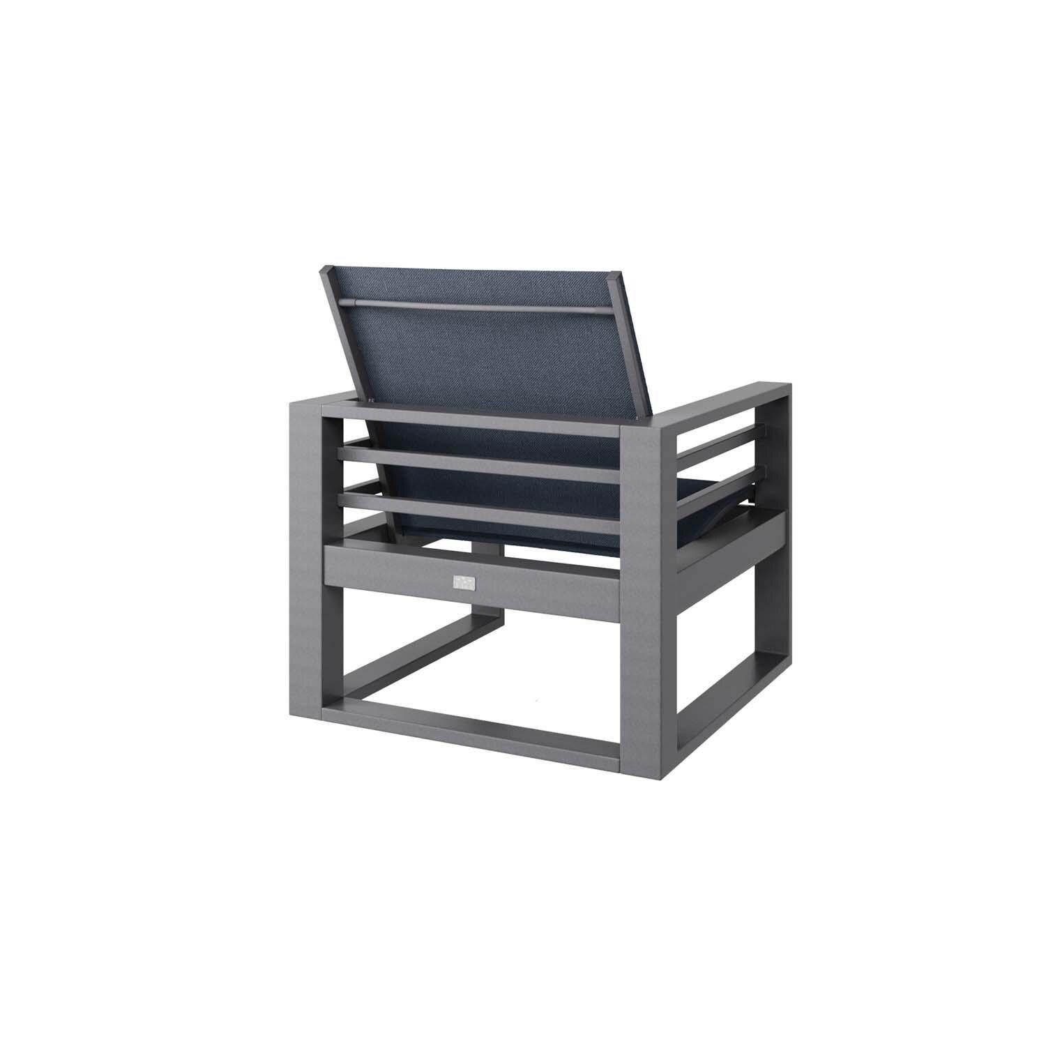 Palermo Aluminum Club Chair in Graphite w/ Harbor Indigo Sling By Ebel - Back View - Background thumbnail