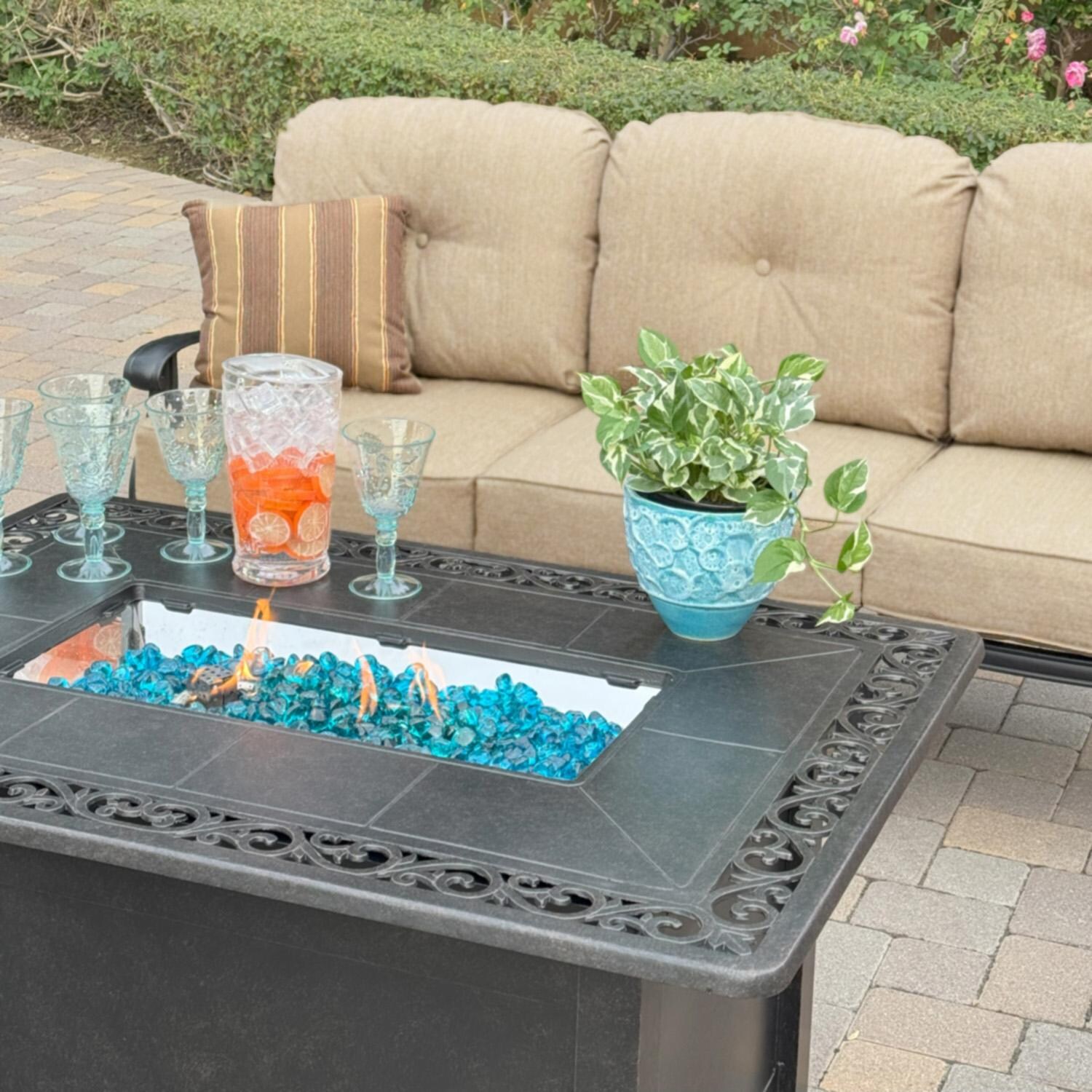 Darlee Elisabeth 5 Pc Cast Aluminum Fire Pit Seating Set w/ Loveseat, Sofa, Club Chair and Ottoman in Antique Bronze/Beige - Table - Lifestyle thumbnail