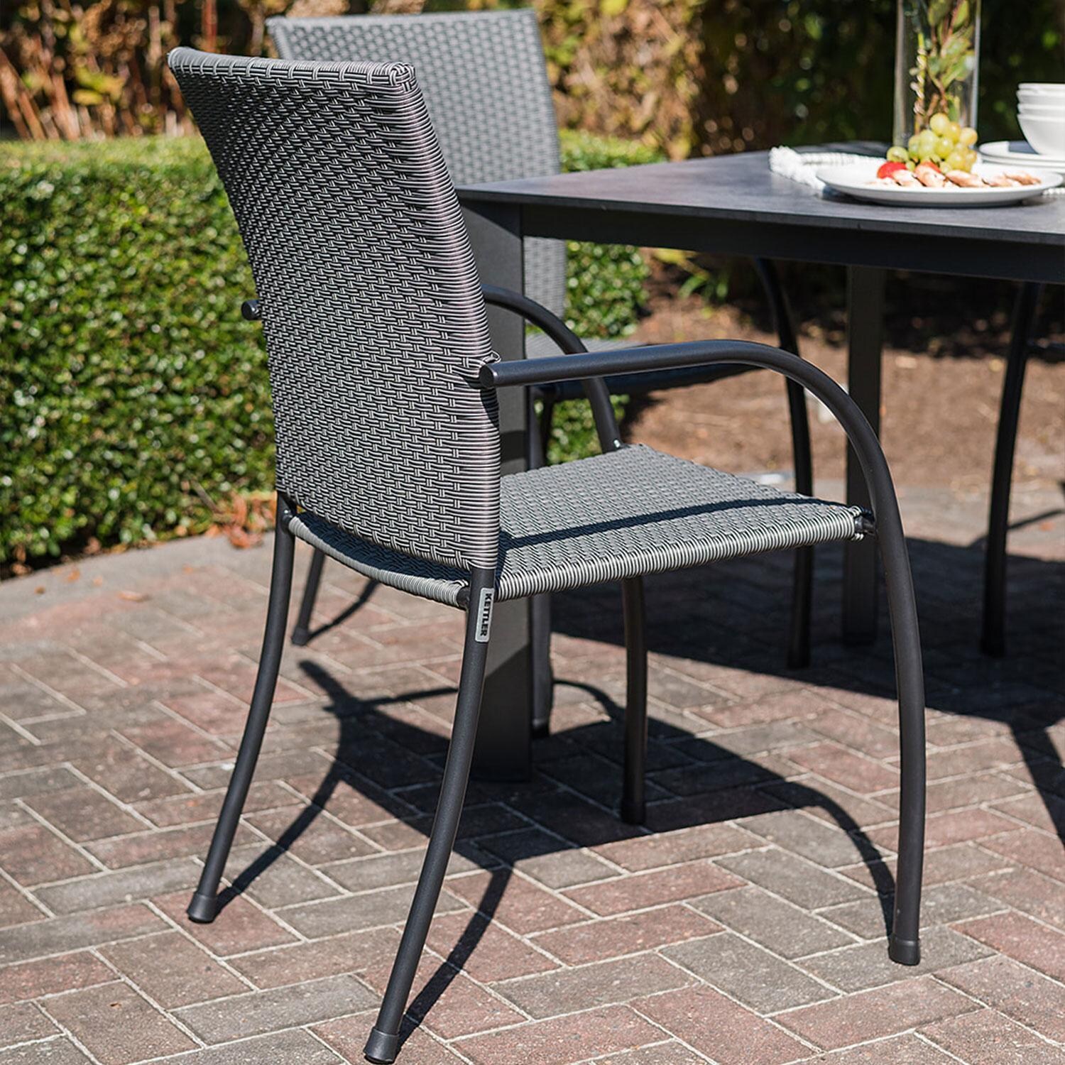 Pilano 6 Pc Aluminum/Woven Dining Arm Chair By KETTLER - W/ Dining Set - Side View - Lifestyle thumbnail