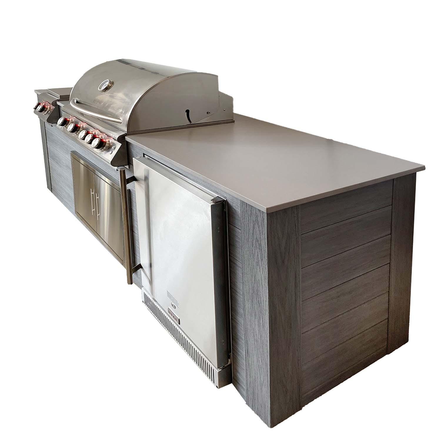 Pro-Fit 8-Foot Outdoor Kitchen Island W/ BLZ-4LTE2-LP Blaze Premium LTE 32-Inch Propane Gas Grill, Double Side Burner & Refrigerator - Driftwood Grey / Grigio Cemento Satin - Right - White Background thumbnail