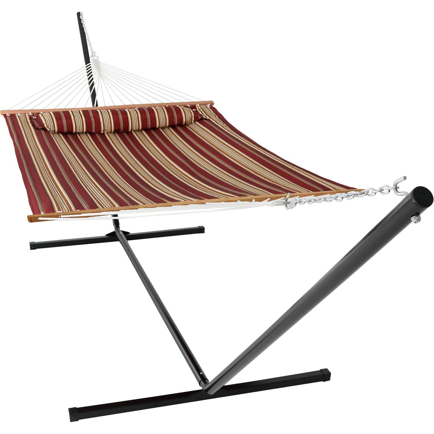 Sunnydaze Decor Quilted Double Hammock w/ Heavy-Duty Stand & Pillow - Red Stripe - LY-QFH-RD-COMBO15 image