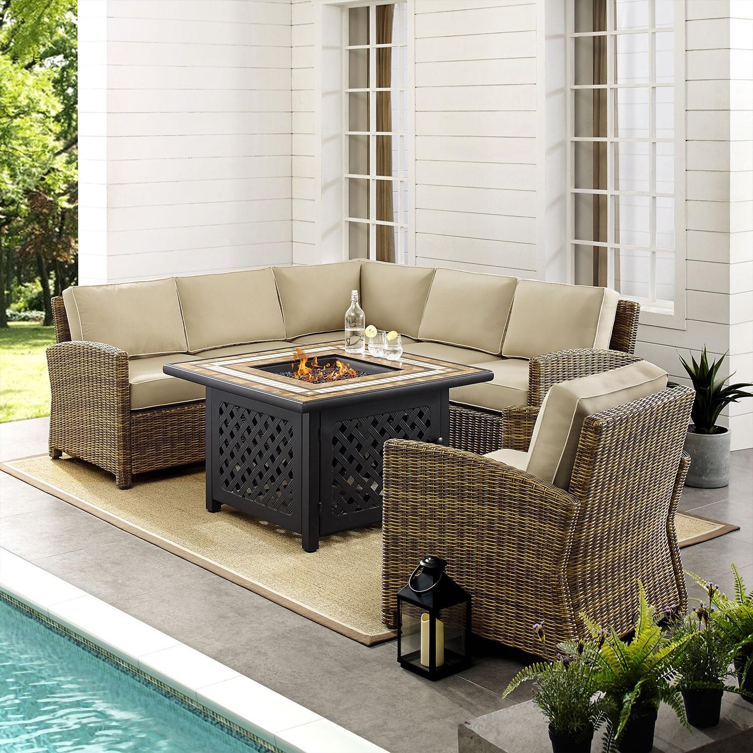 Ultimate Patio UP-92392-SA 5Pc Wicker Outdoor Sectional Set W/ Fire Table & Club Chair in Sand - By The Pool - Lifestyle thumbnail
