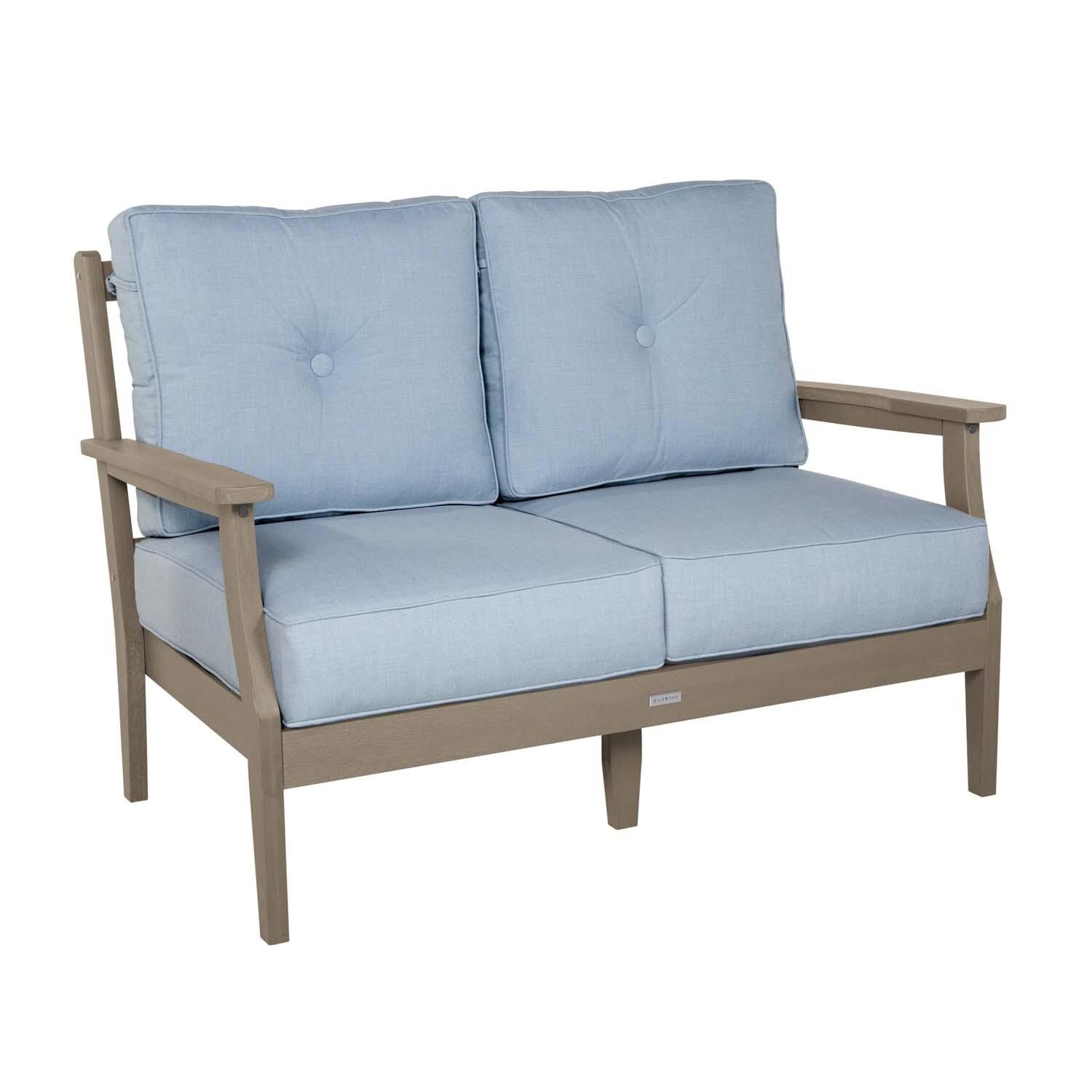 Blushing Bay 2 Person Recycled Plastic Loveseat in Bliss Dew/Woodland Brown by Lakeview Outdoor Designs - Left Angled - White Background thumbnail