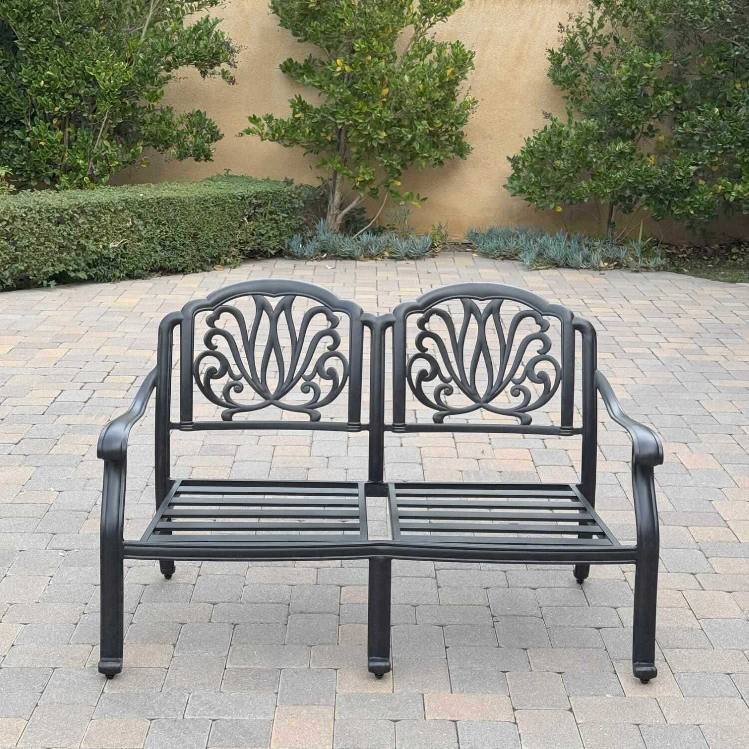 Elisabeth 5 Pc Set Cast Aluminum Seating Set w/ 49 X 35 Inch Fire Pit Table in Sesame/Antique Bronze by Darlee - Loveseat w/o Cushion - Lifestyle thumbnail