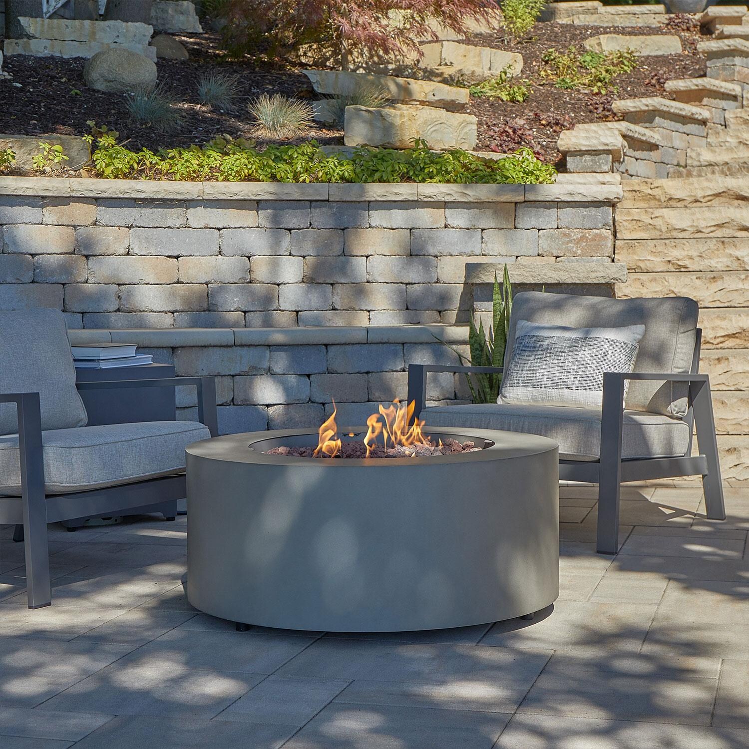 Elysian 4 Pc Powder Coated Steel 36 Inch Round Fire Pit in Mist Gray by Lakeview - On - Balcony - Lifestyle thumbnail