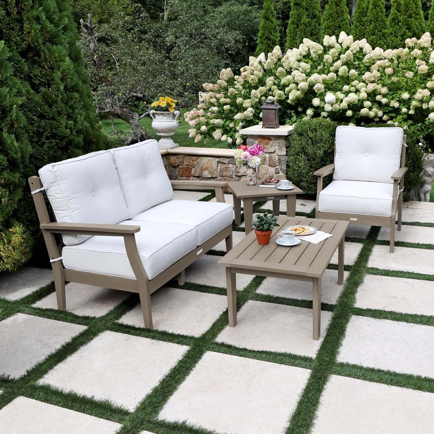 Blushing Bay 4 Pc Recycled Plastic Seating Set in Bliss Linen/Woodland Brown by Lakeview Outdoor Designs - Side View - Lifestyle thumbnail