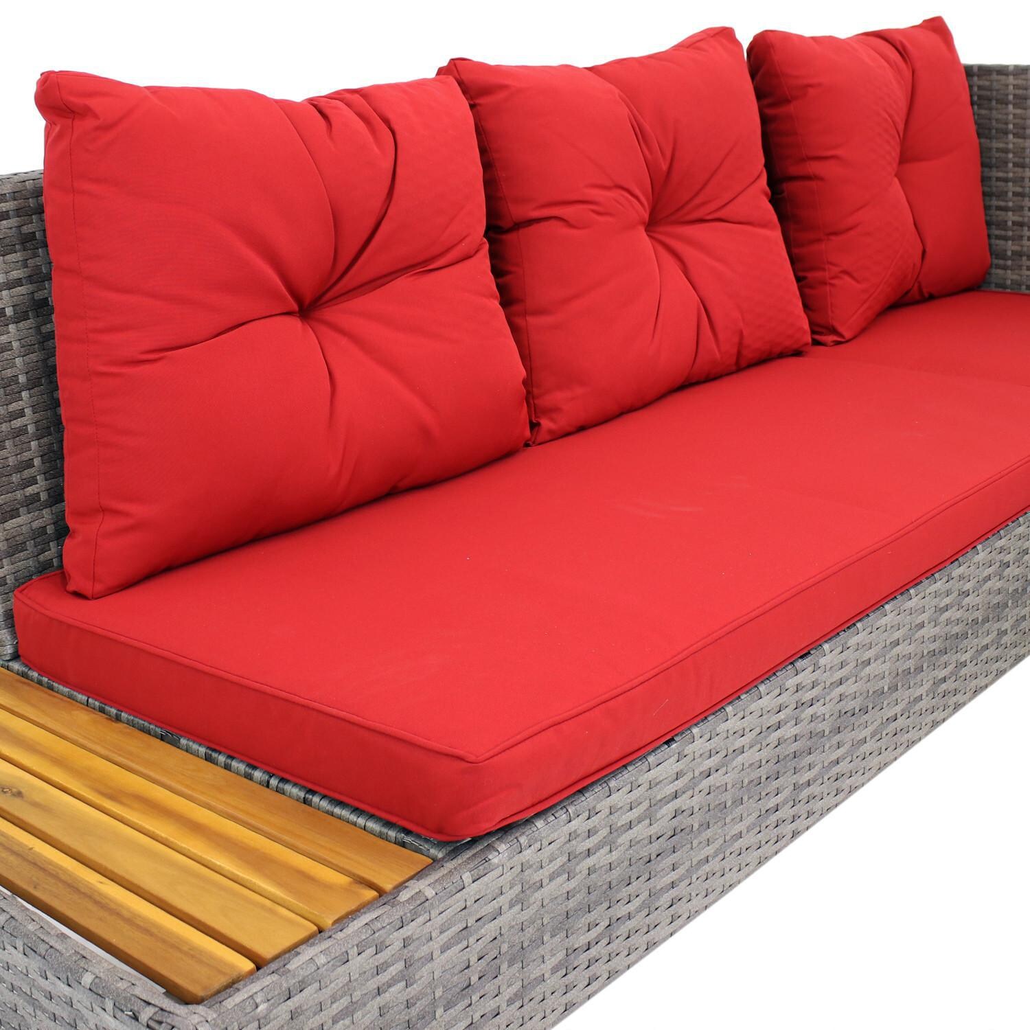 Ultimate Patio 2-Piece Resin Wicker Patio Sectional Set W/ Acacia Coffee Table - Red Cushions - Sofa thumbnail
