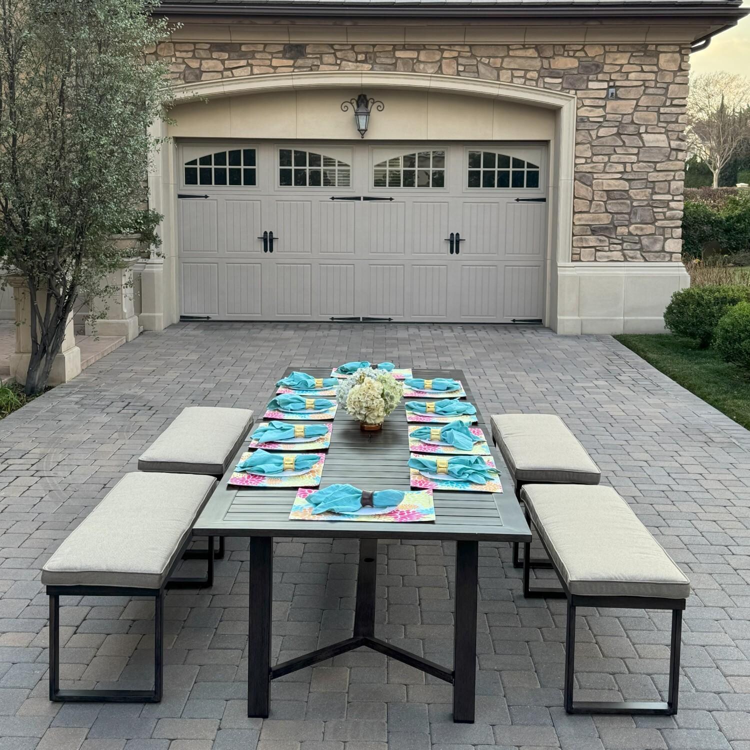 Atlantis 5 Pc Aluminum Dining Set w/ 4 Two Person Benches & Extension Table in Walnut/Beige by Darlee - Table Side - Lifestyle thumbnail