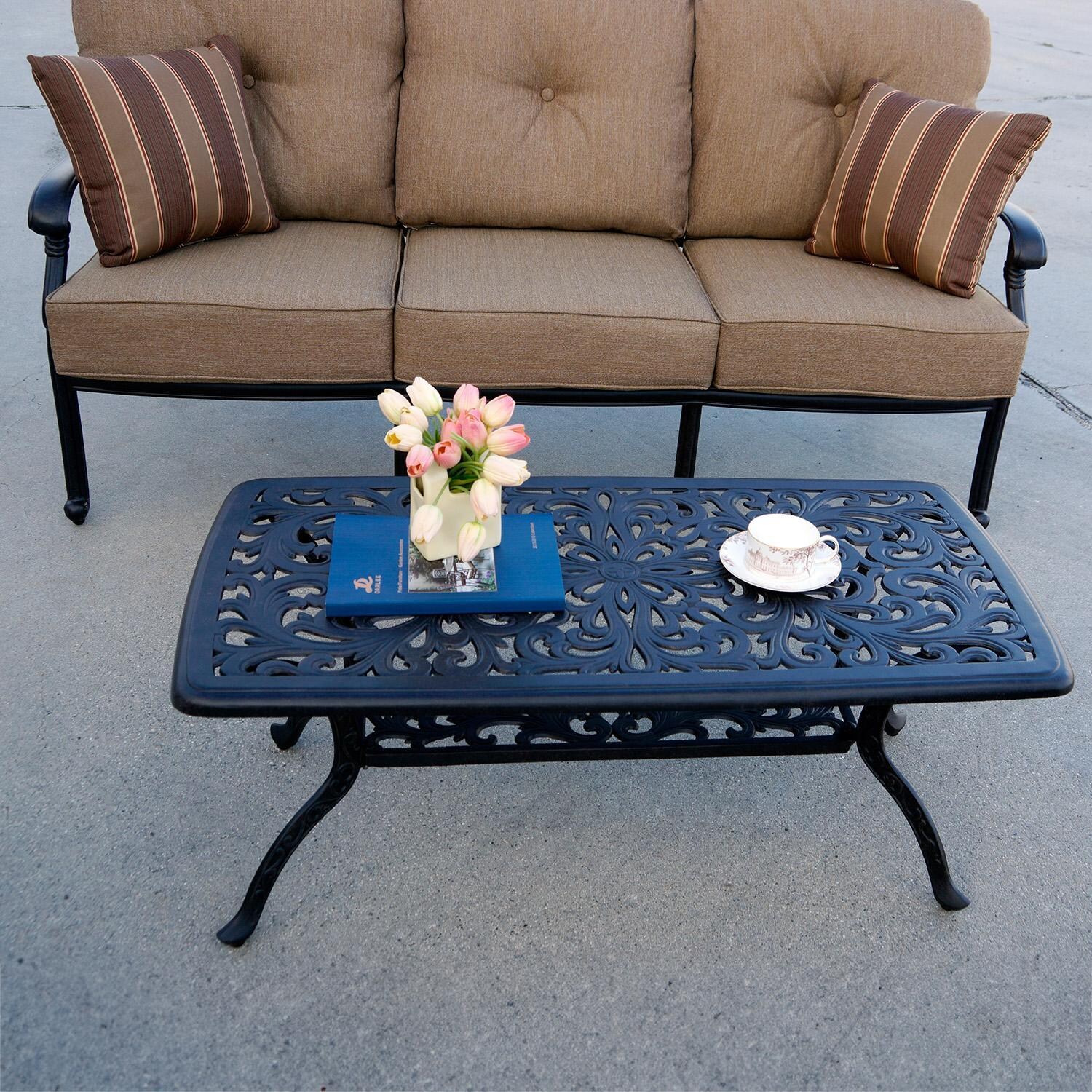 Darlee Santa Monica 4-Piece Patio Sofa Conversation Set with Cushions and Series 80 21 X 42 Inch Rectangular Coffee Table - Sofa with Table - Lifestyle thumbnail