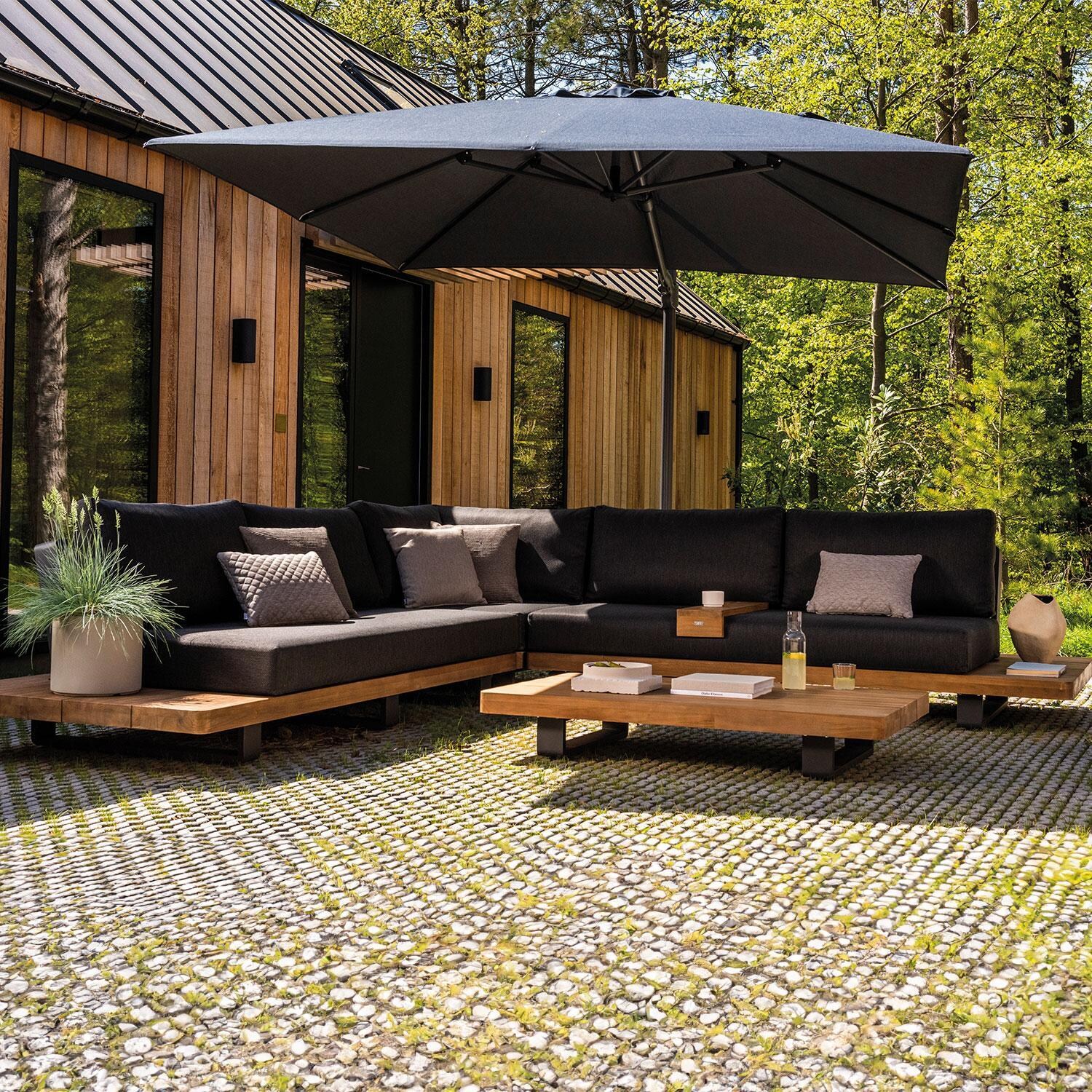 Fitz Roy 4 Pc Aluminum/Teak Sectional Seating Corner Set in Lava By KETTLER - Under Shade - Lifestyle thumbnail