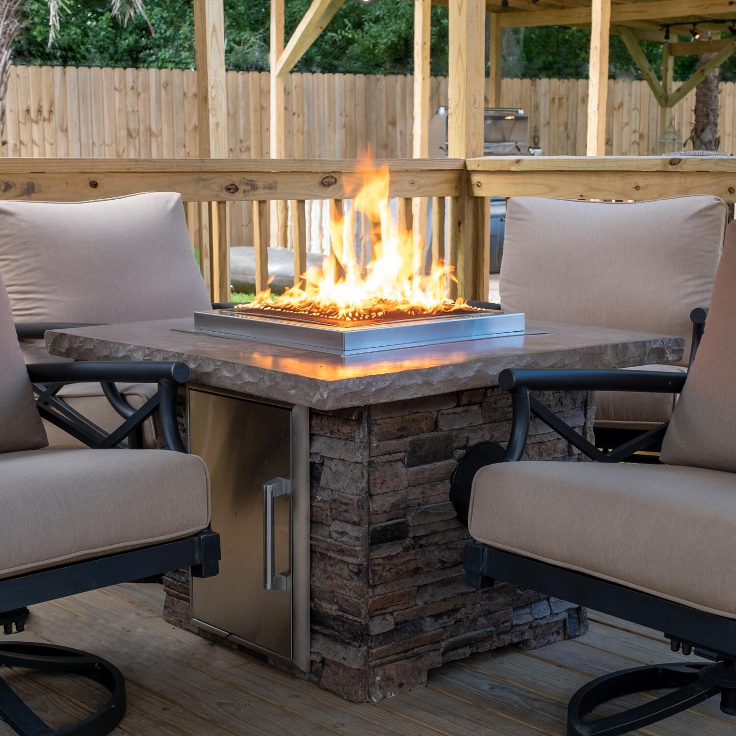 Blazing Beats 5 Piece Aluminum Patio Fire Table Conversation Set W/ Laguna Stacked Stone Fire Table - Table Side View thumbnail