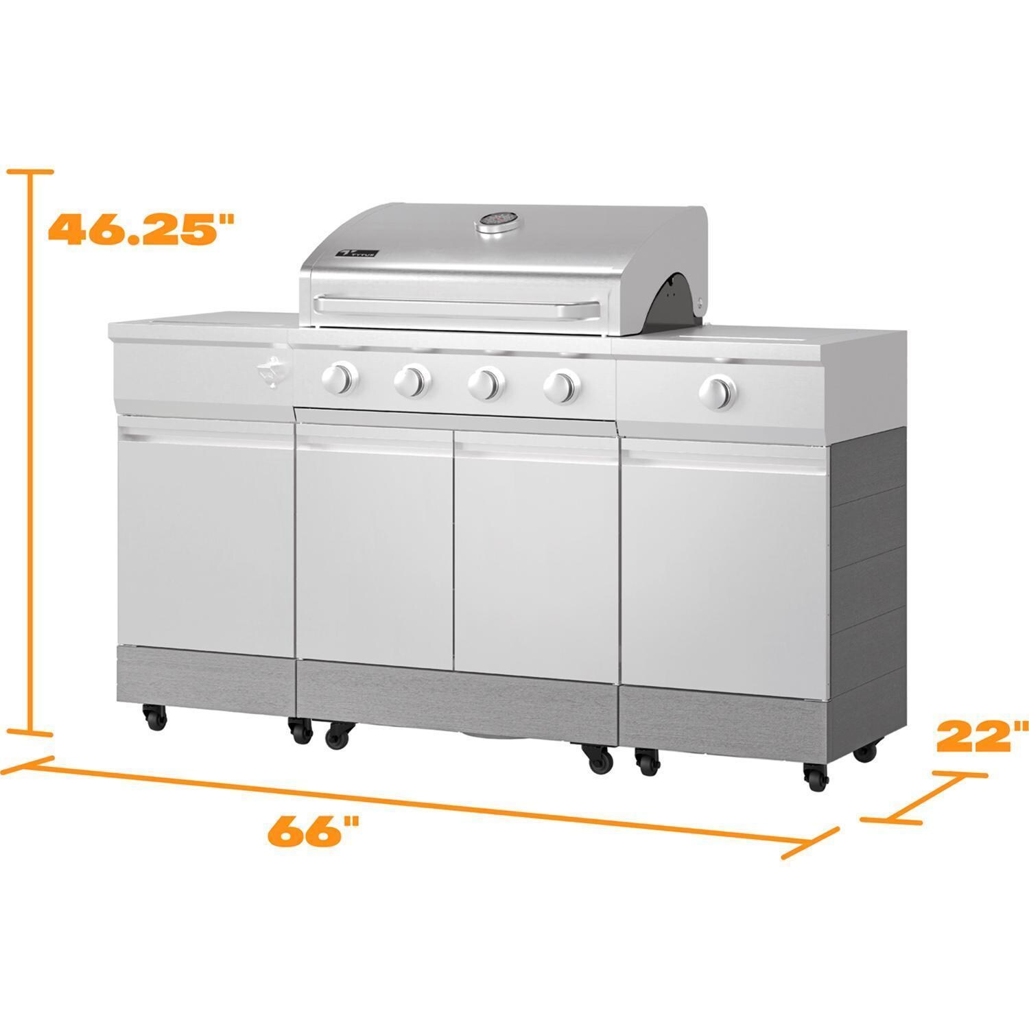 TYTUS Fresno Series 4-Burner Stainless Steel + Carbon Wood Natural Gas BBQ Island (Ships Propane w/ Conversion Kit) - Grill Dimensions - Dimensional thumbnail