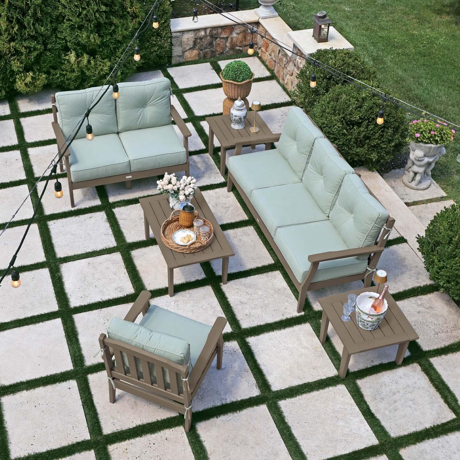 Blushing Bay 6 Pc Recycled Plastic Grand Seating Set in Canvas Seasalt/Woodland Brown by Lakeview Outdoor Designs - Top View - Lifestyle thumbnail