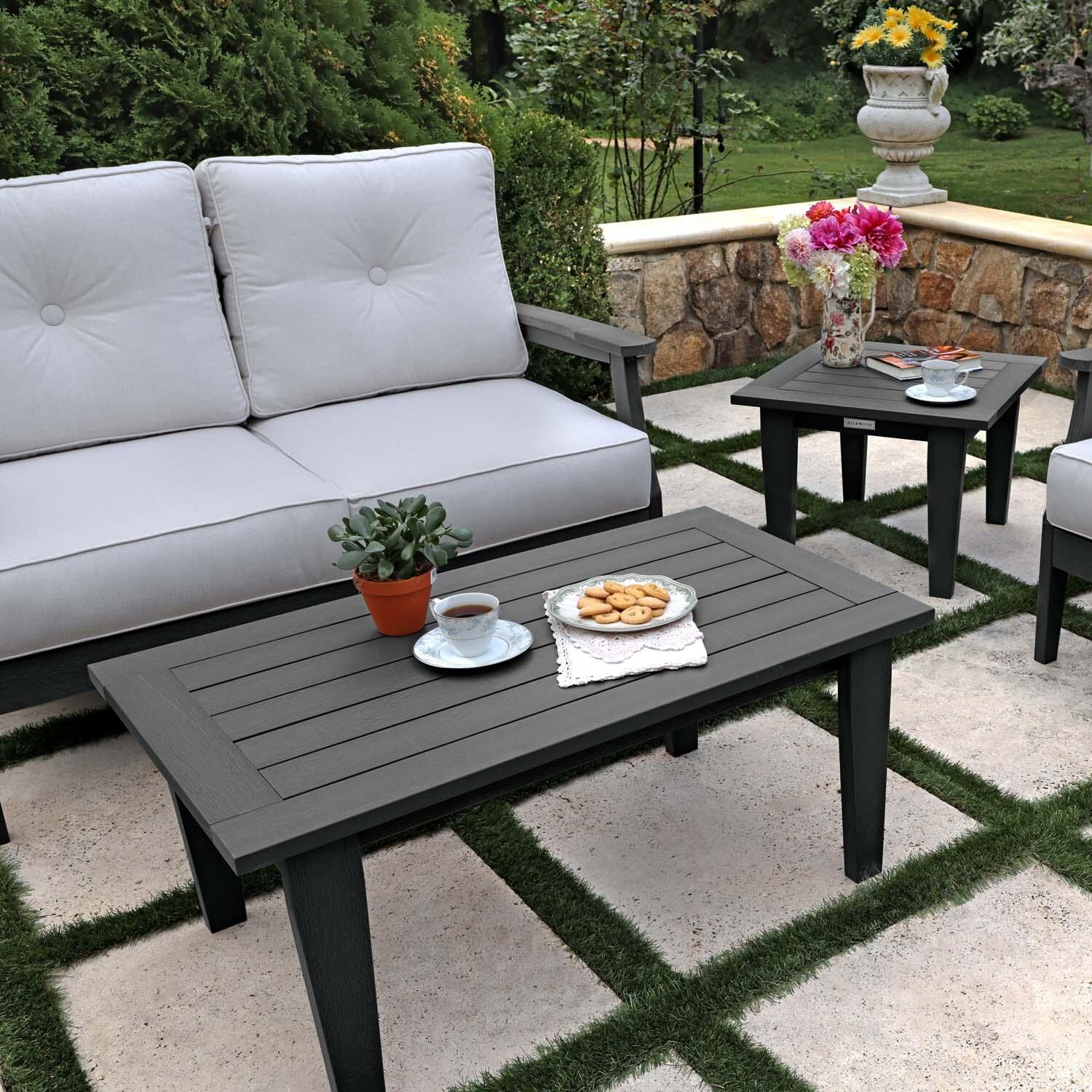 Blushing Bay 4 Pc Recycled Plastic Seating Set in Bliss Linen/Black by Lakeview Outdoor Designs - Close Up - Lifestyle thumbnail